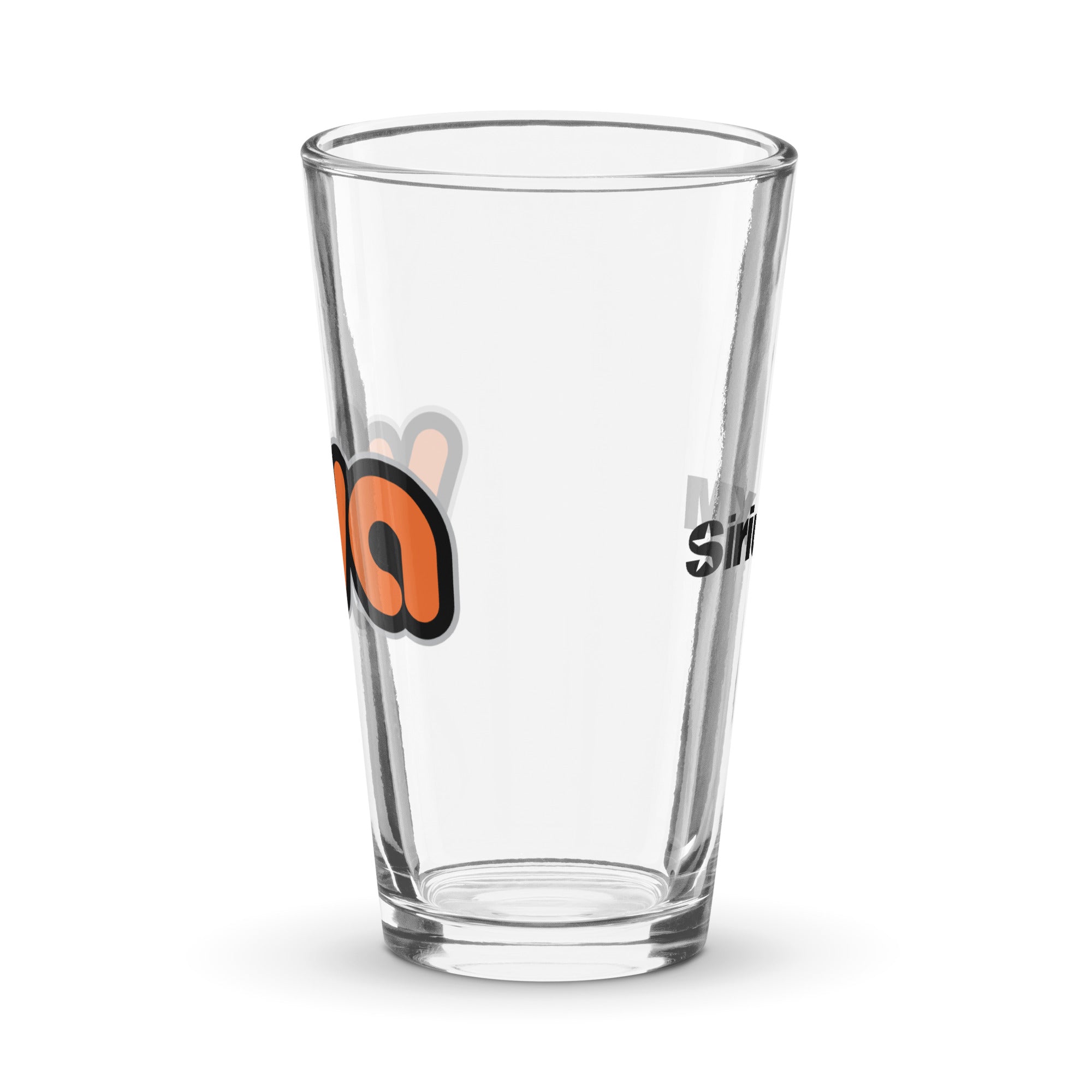 Side view of clear pint glass featuring partially visible front and back designs.