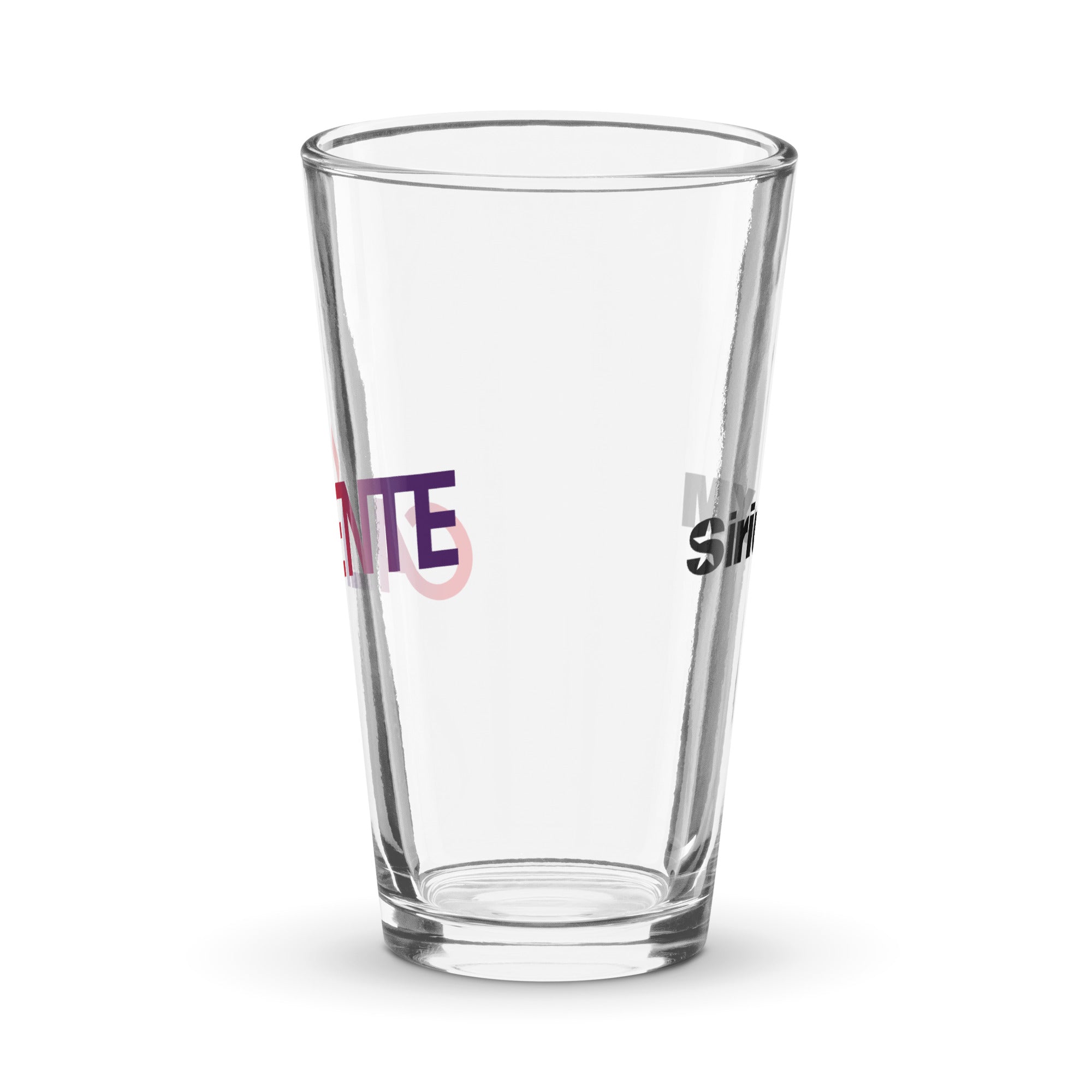 Side view of clear pint glass featuring partially visible front and back designs.