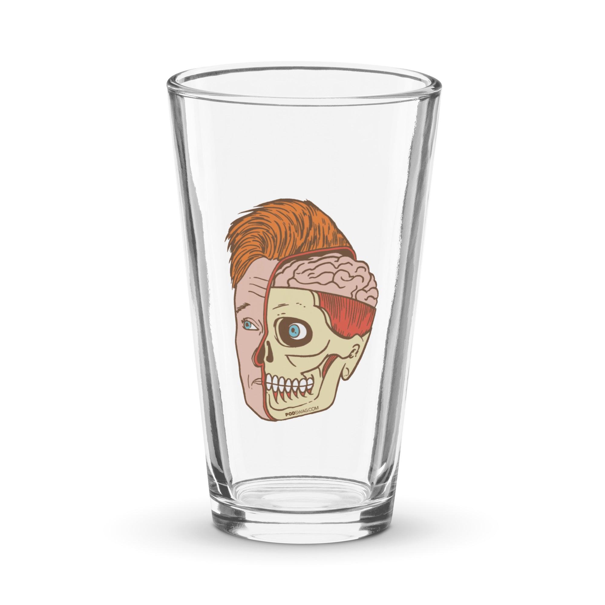 A clear glass featuring a quirky Conan O'Brien illustration of a head split to show a brain and a skull on one side and normal face on the other.