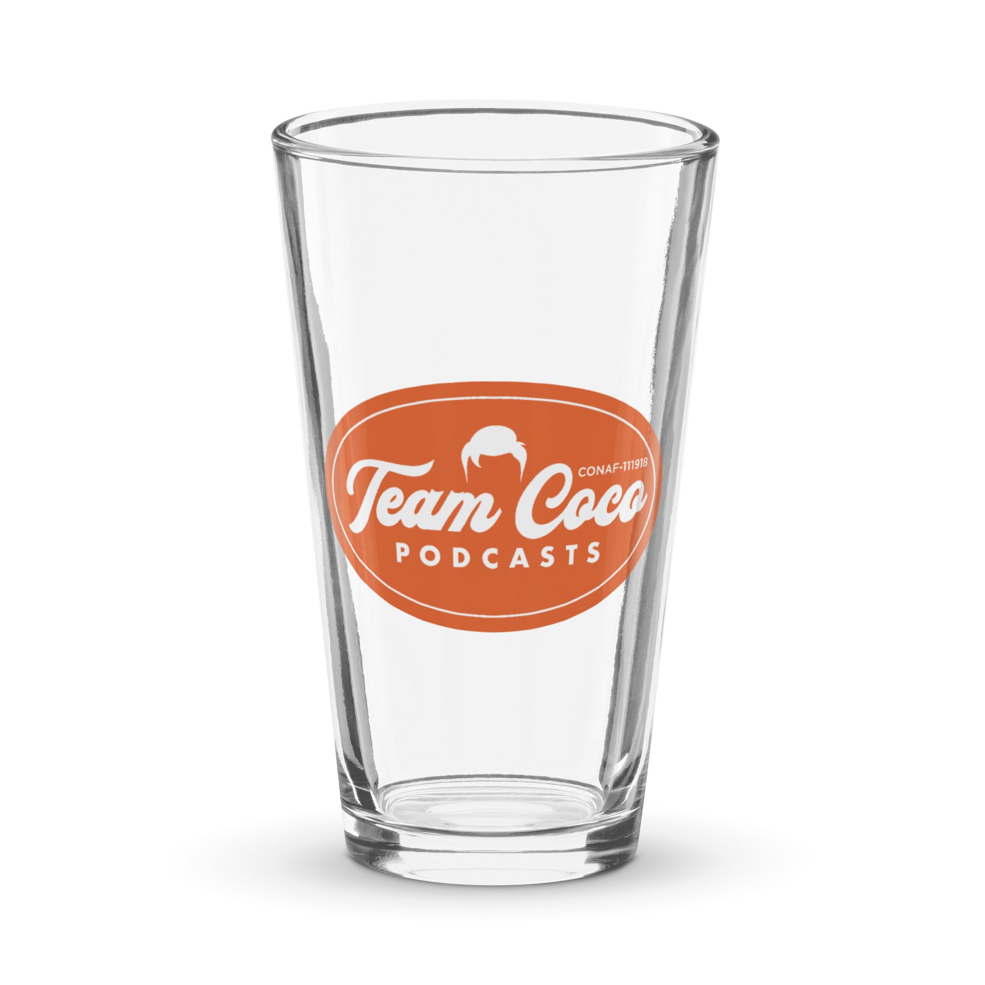 Clear glass pint glass featuring the 'Team Coco Podcasts' logo in orange.