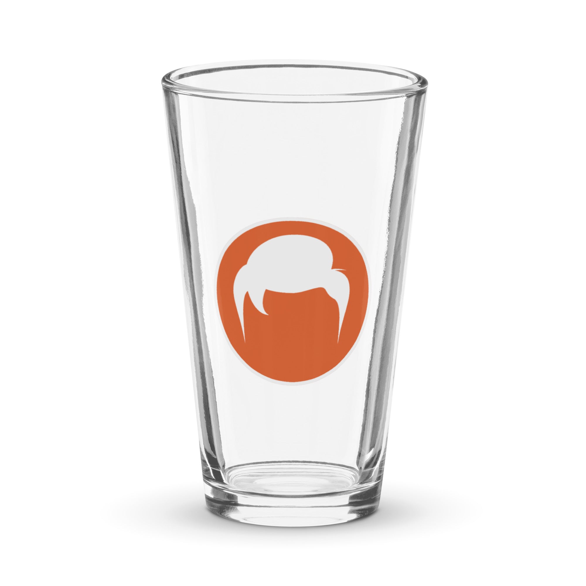 Clear glass pint glass featuring a white stylized graphic of Conan O'Brien's hair with an orange background.