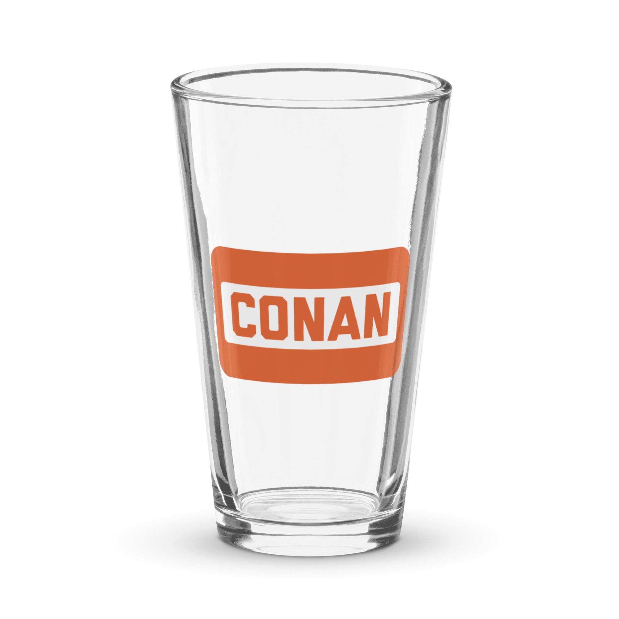 Clear glass pint with an orange 'CONAN' logo on the front.
