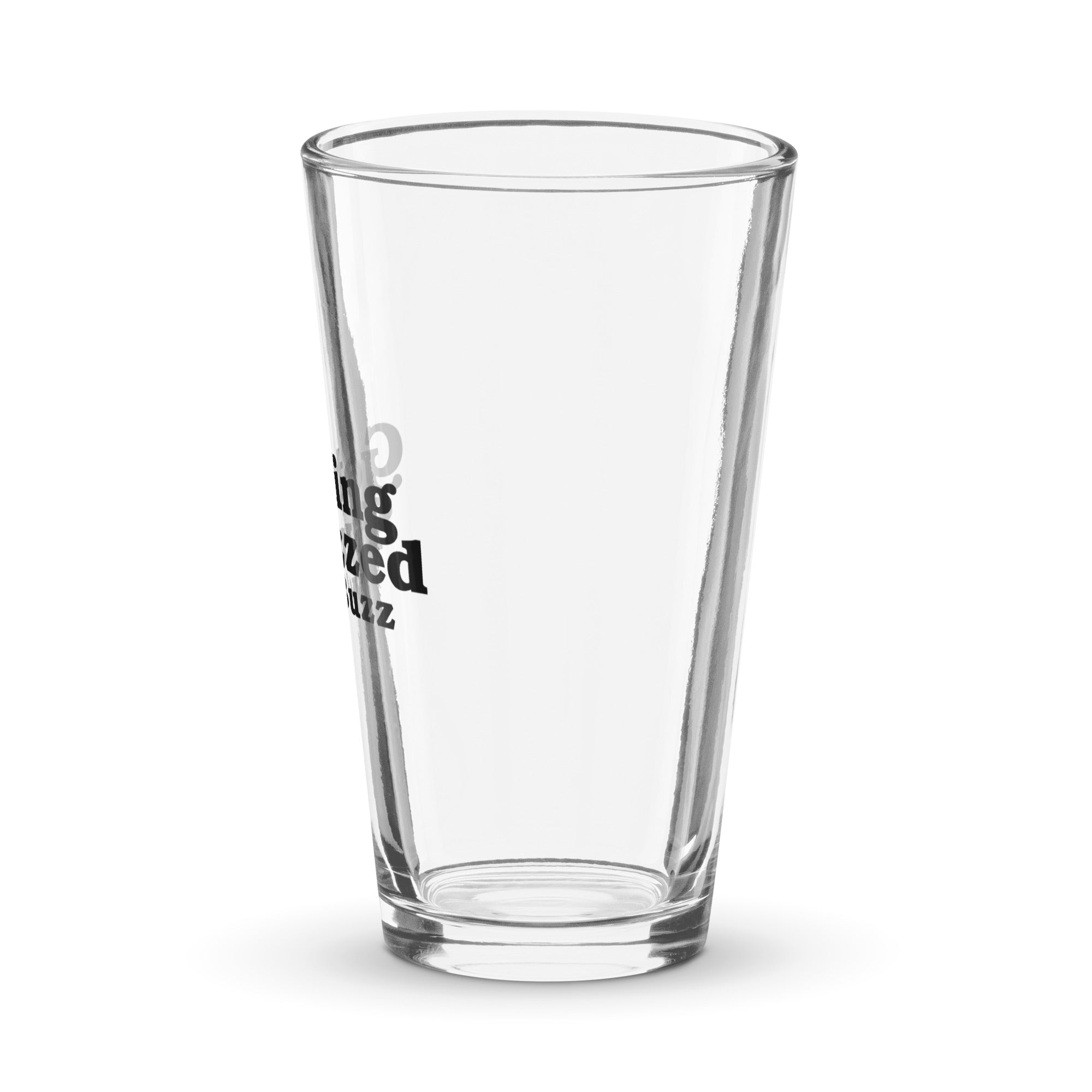 Side view of pint glass, featuring partial frontside design.