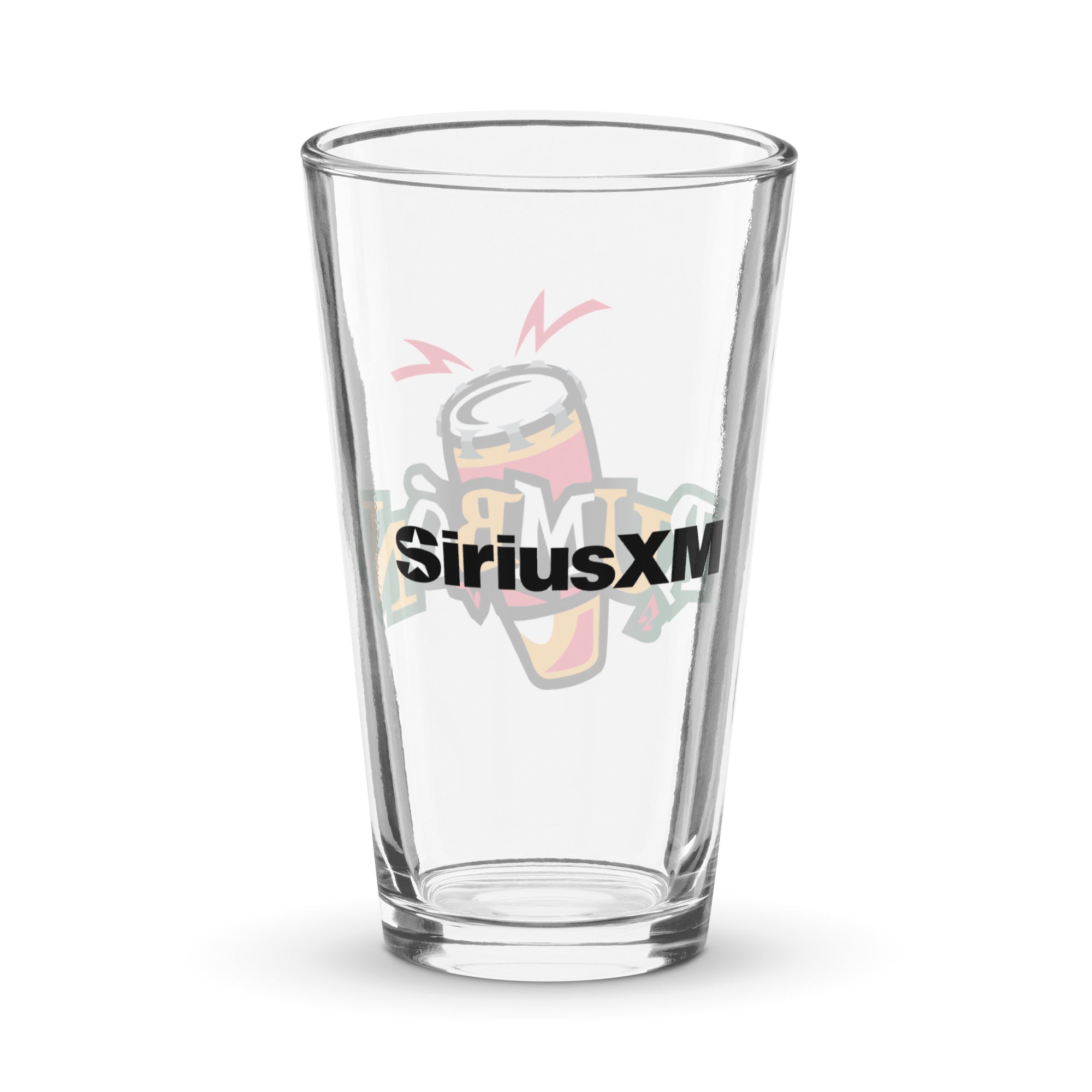 Back of clear pint glass with 'SiriusXM' logo in black.