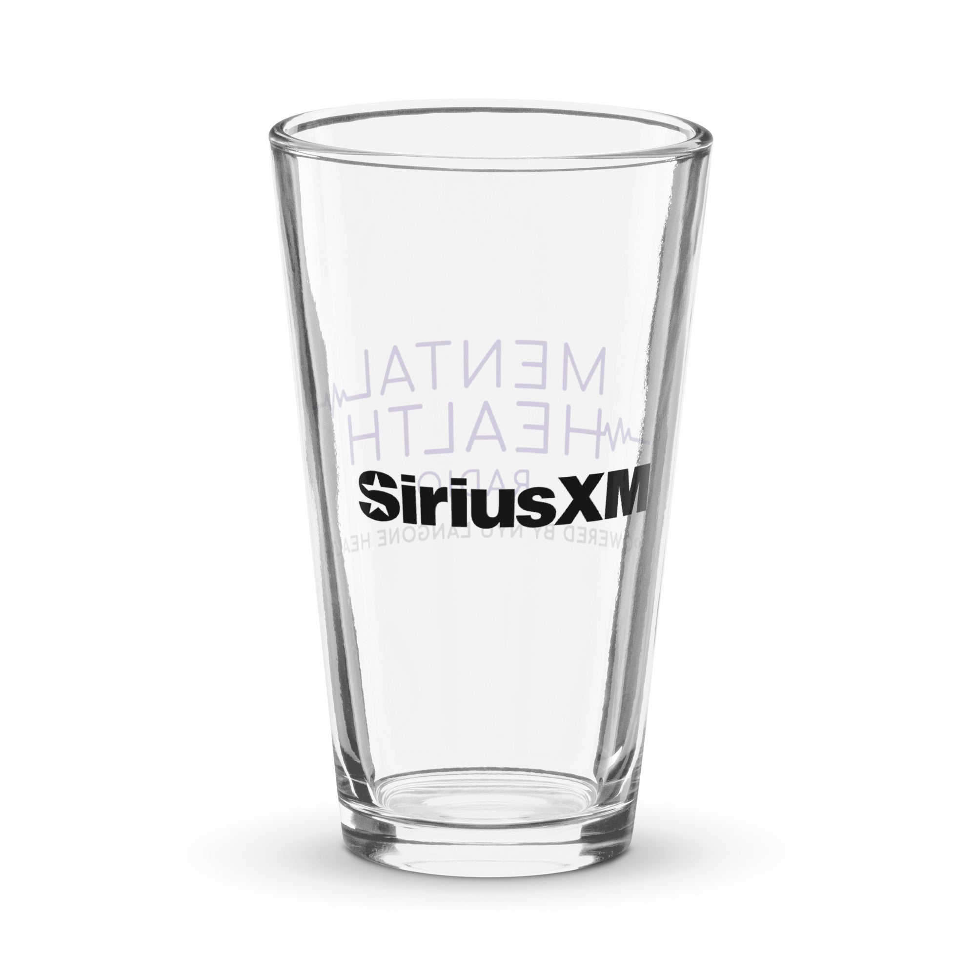 Back of clear pint glass with 'SiriusXM' logo in black.