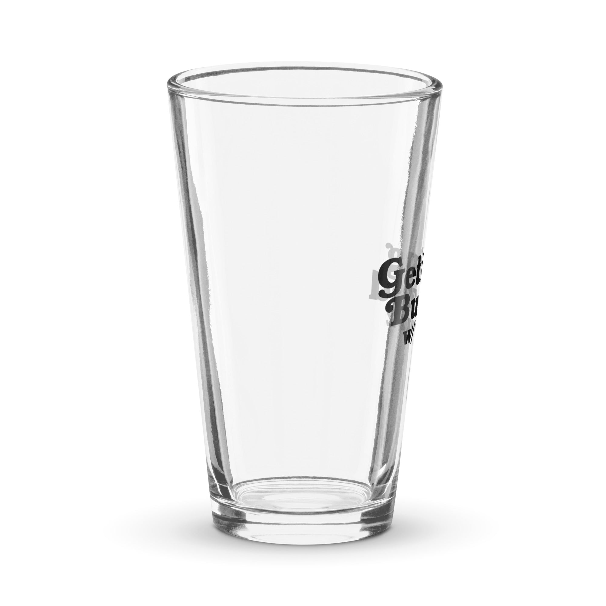 Side view of pint glass, featuring partial frontside design.