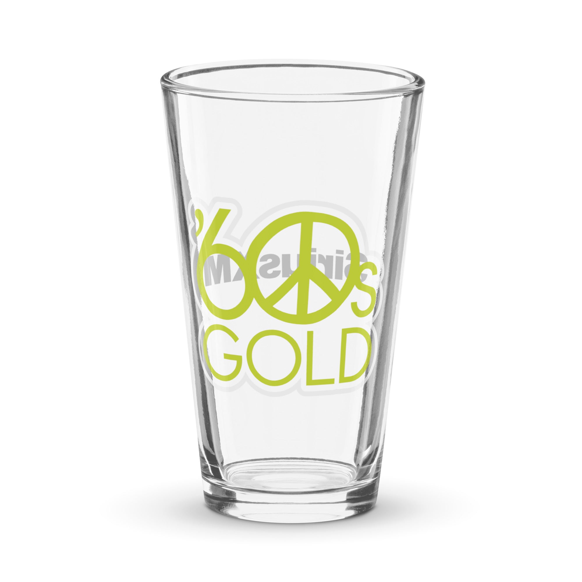 Clear pint glass with '60s Gold' logo in green and peace sign design.