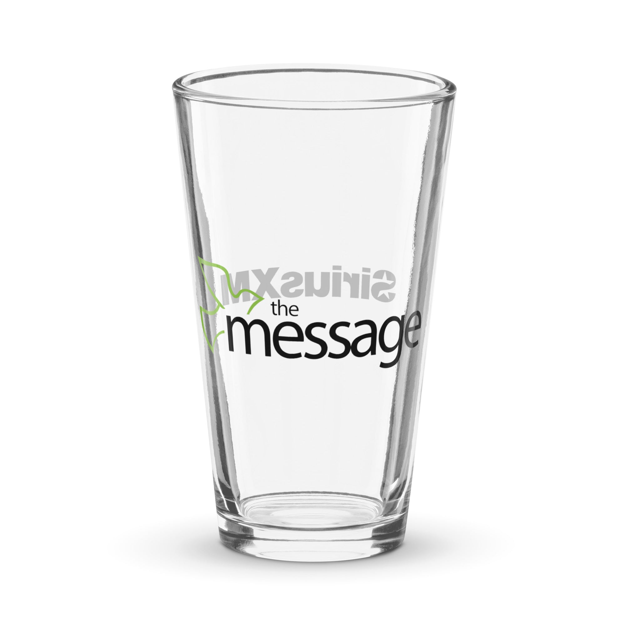 Clear glass pint with black and green text: 'the message.'
