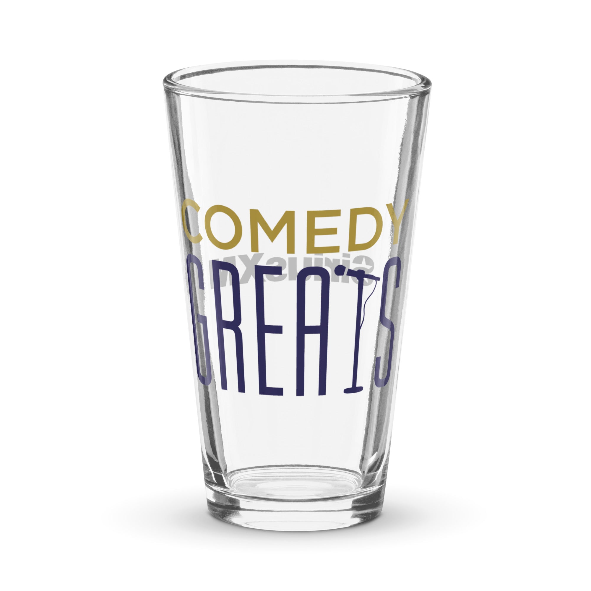 Clear pint glass with 'COMEDY GREATS' printed, featuring a microphone illustration.