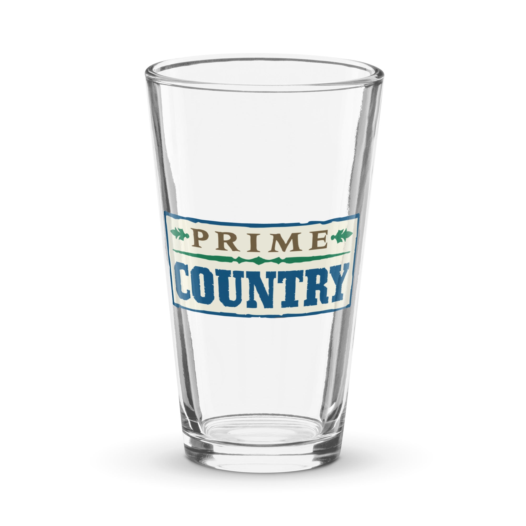 Clear glass pint with 'PRIME COUNTRY' printed in blue, green, and brown.