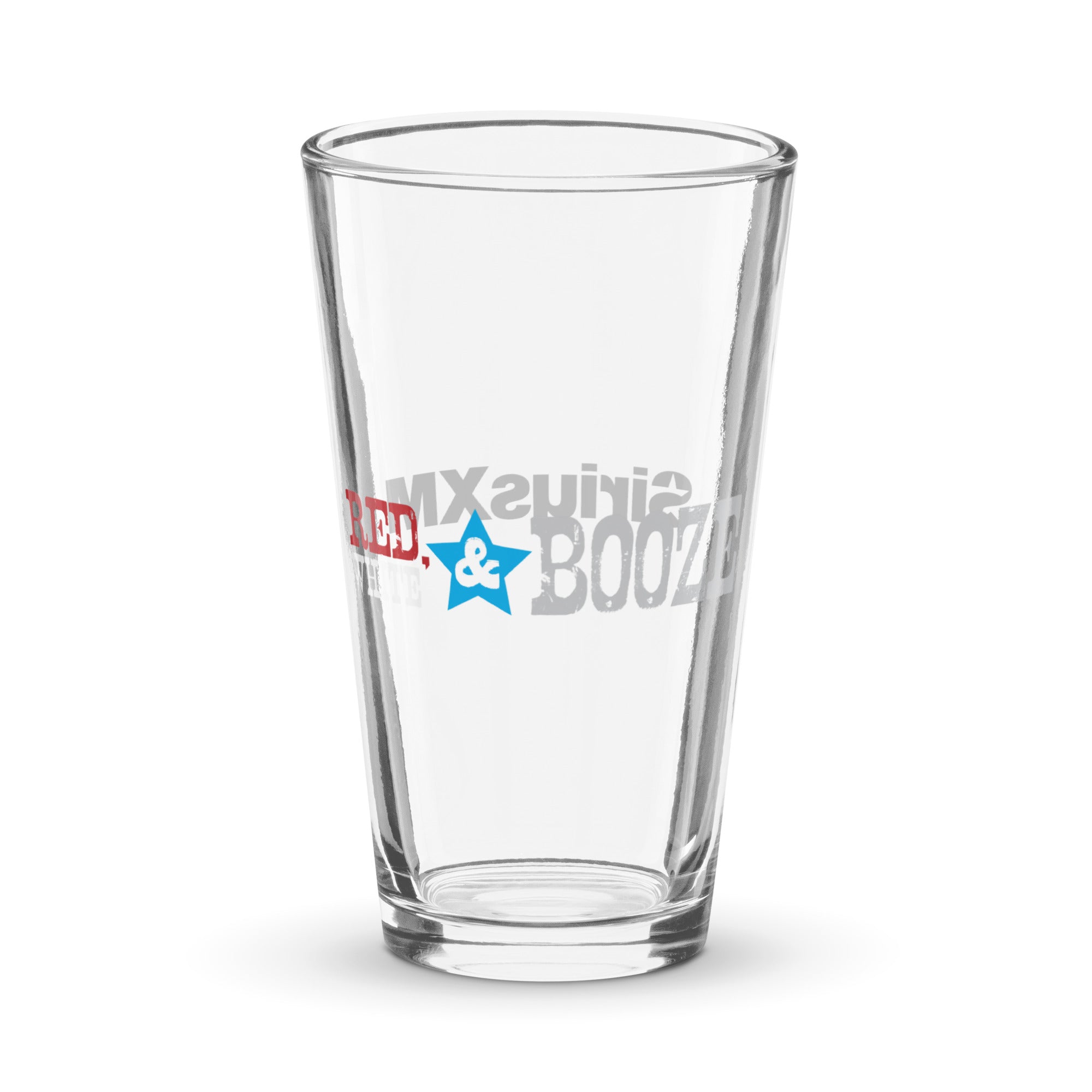 Clear pint glass with 'Red, White & Booze' logo in partriotic colors.