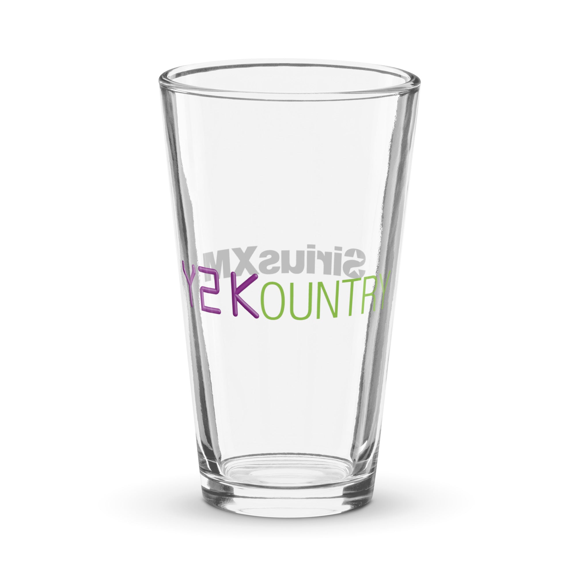 A clear pint glass with 'Y2Kountry' printed in colorful letters.