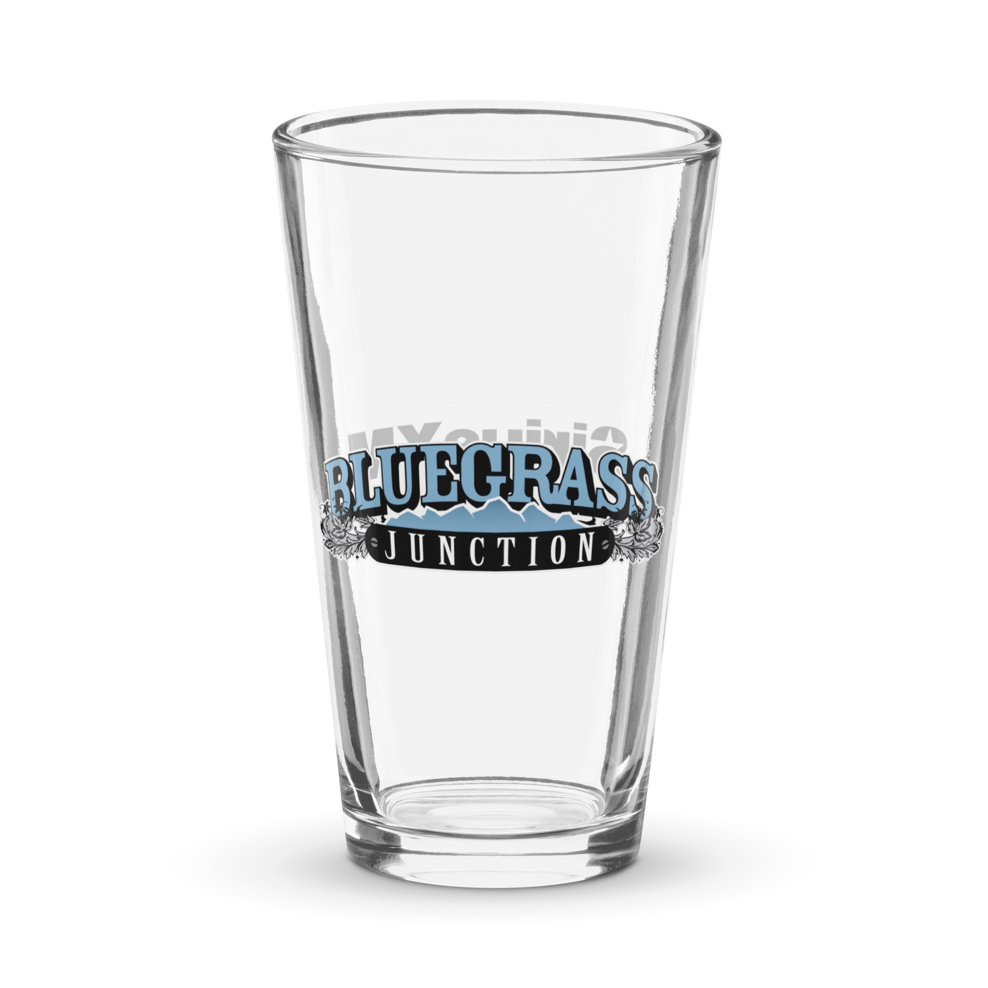 Clear pint glass with 'Bluegrass Junction' logo in blue and black.
