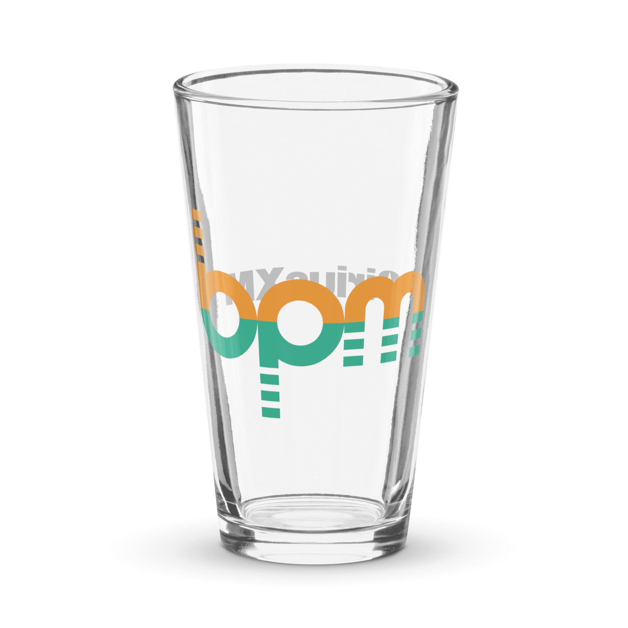 Clear glass pint glass featuring a colorful 'bpm' design.