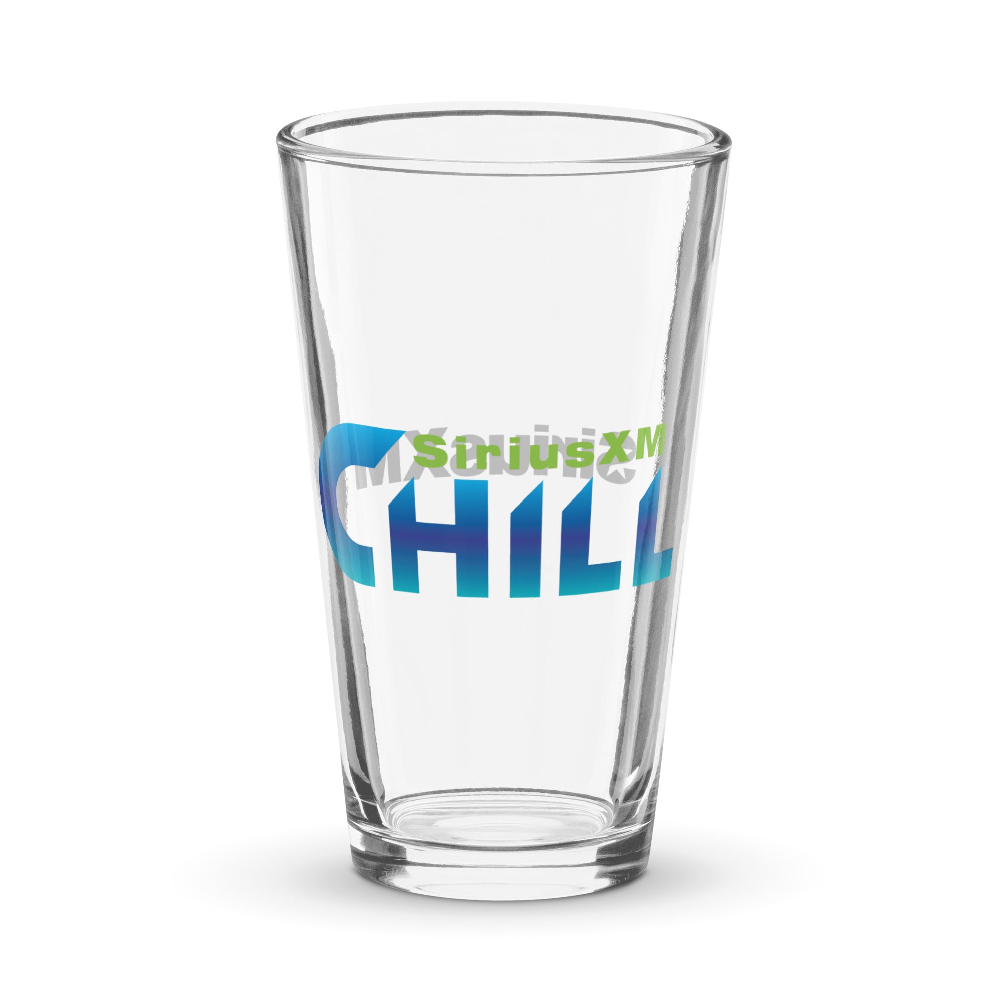 Clear glass with 'SiriusXM CHILL' printed in blue and green text.