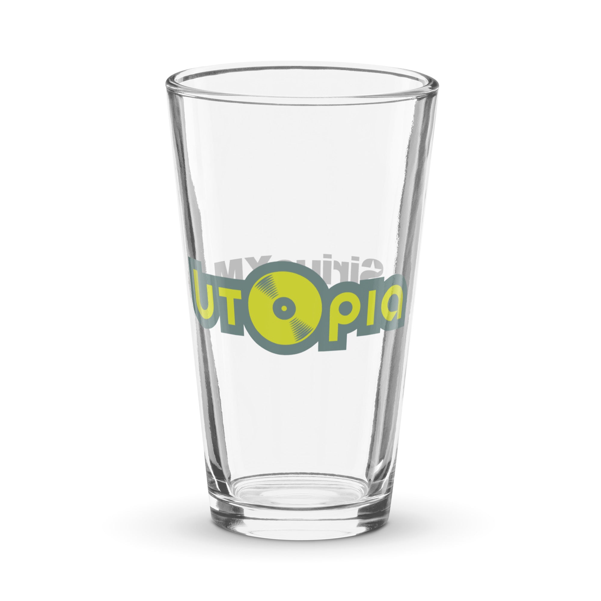 Clear glass pint with 'UTOPIA' printed in green and yellow.
