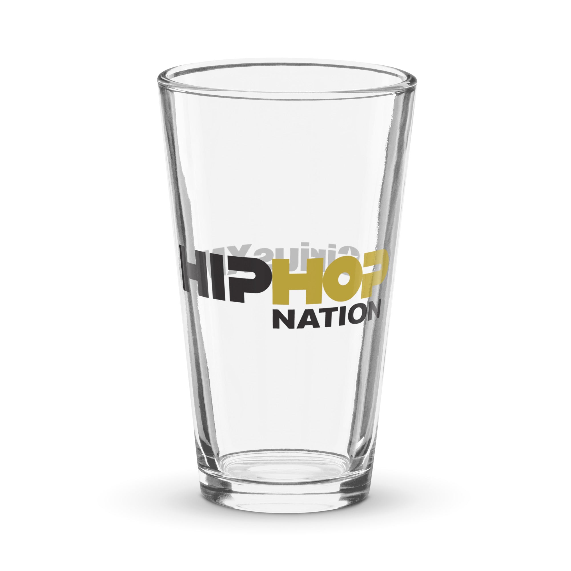 Clear pint glass with 'HIP HOP NATION' printed in black and gold letters.