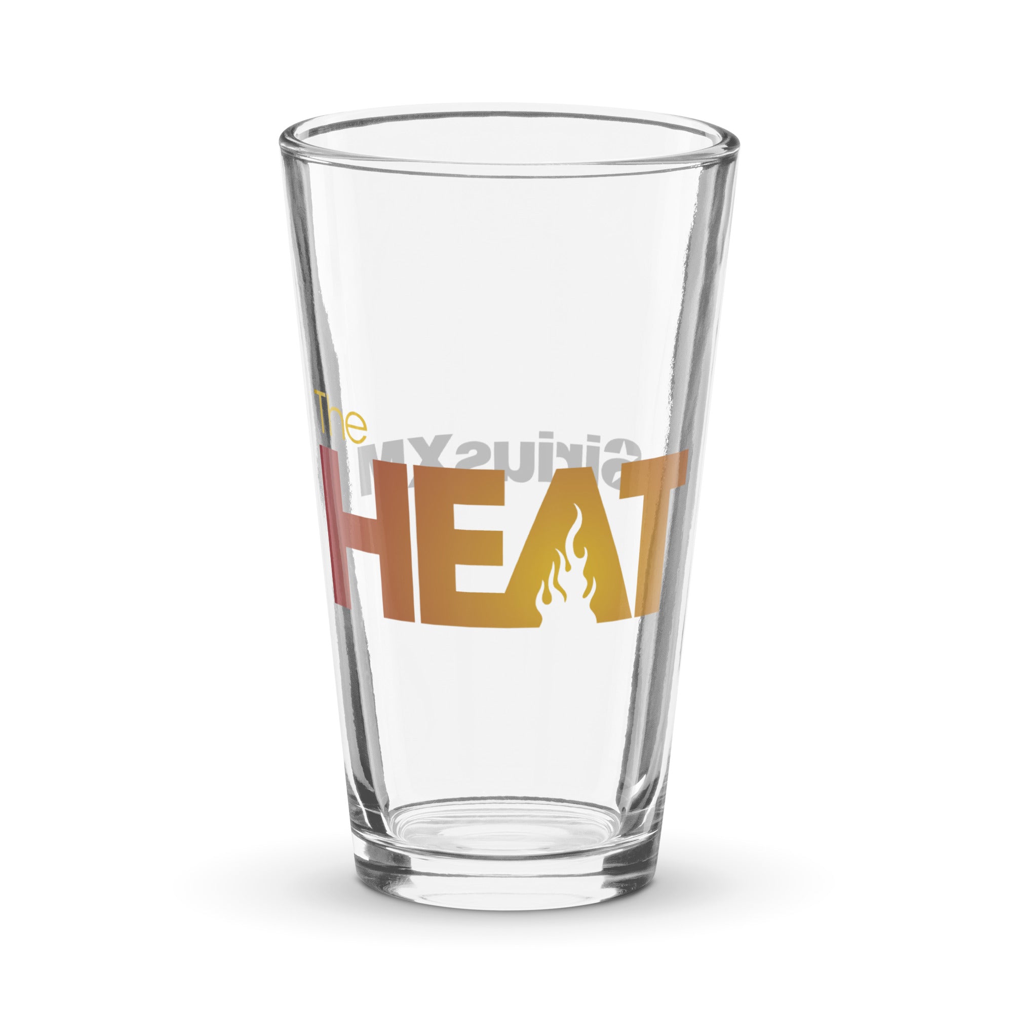 Clear pint glass pint with 'The HEAT' design featuring flame graphics.