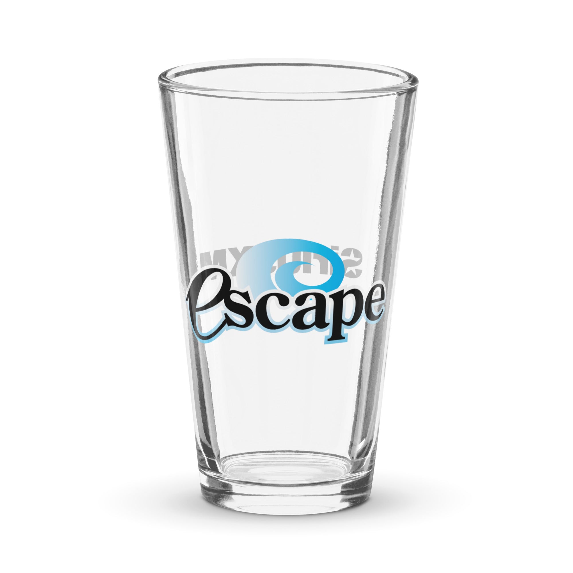 Clear pint glass with 'Escape' logo in black and blue, featuring a wave design.