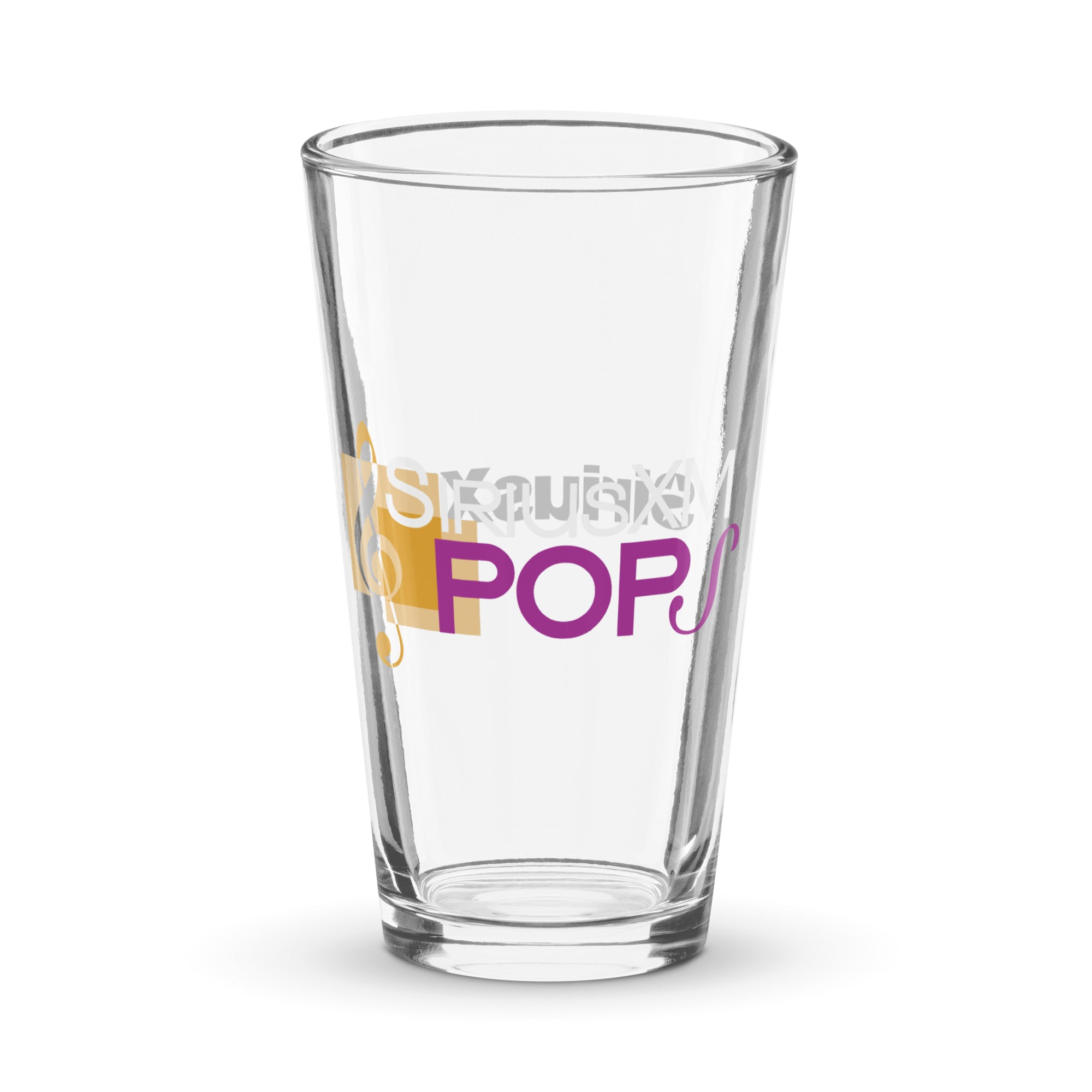 Clear pint glass featuring purple and yellow 'SiriusXM Pop' logo.