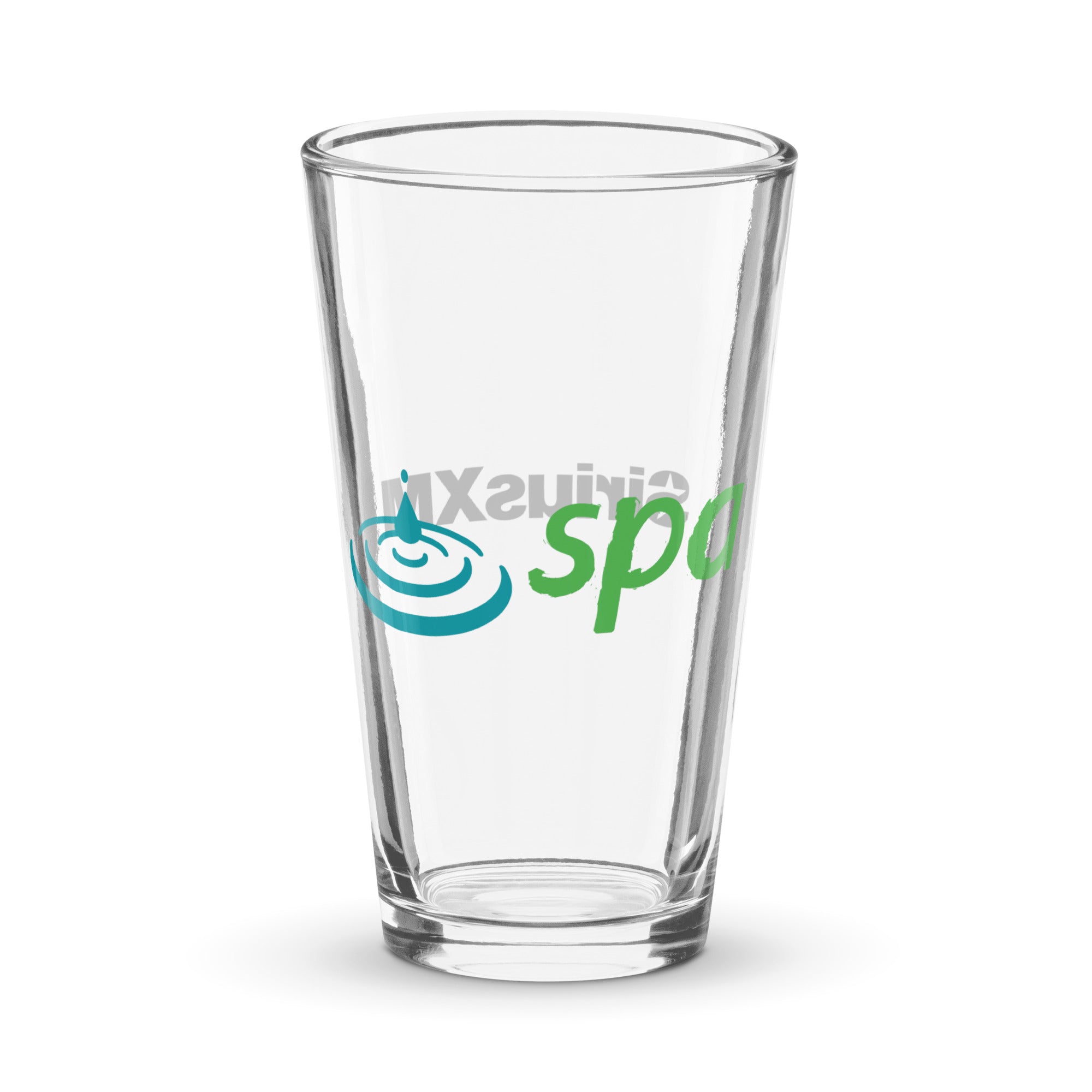 Clear pint glass with 'spa' logo and water droplet design.