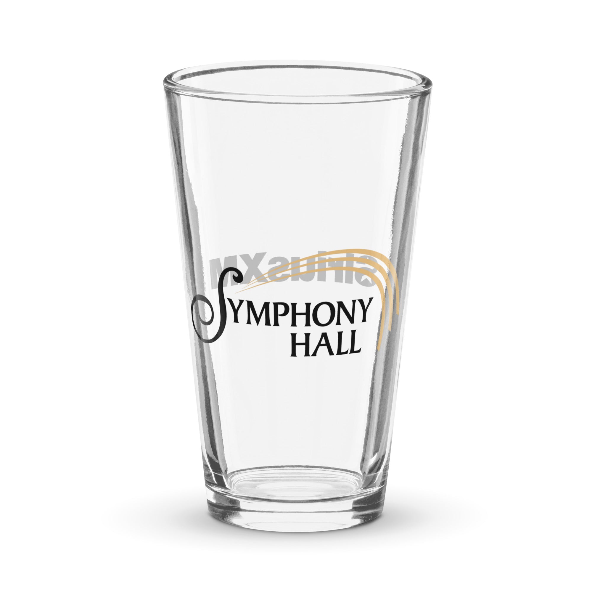 A clear glass pint with the text 'SYMPHONY HALL' and decorative golden lines.