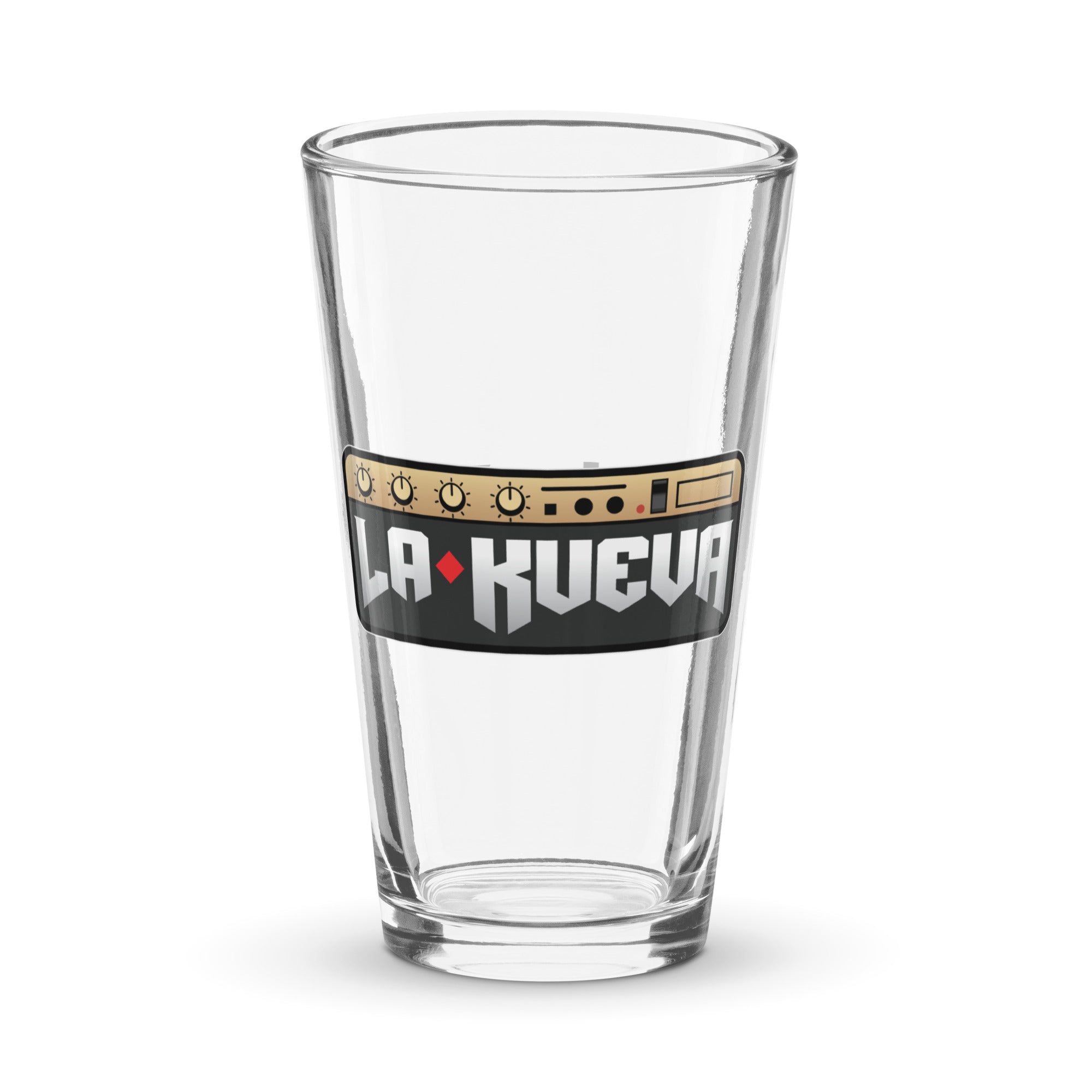 Clear pint glass featuring a 'LA KUEVA' logo with decorative elements.
