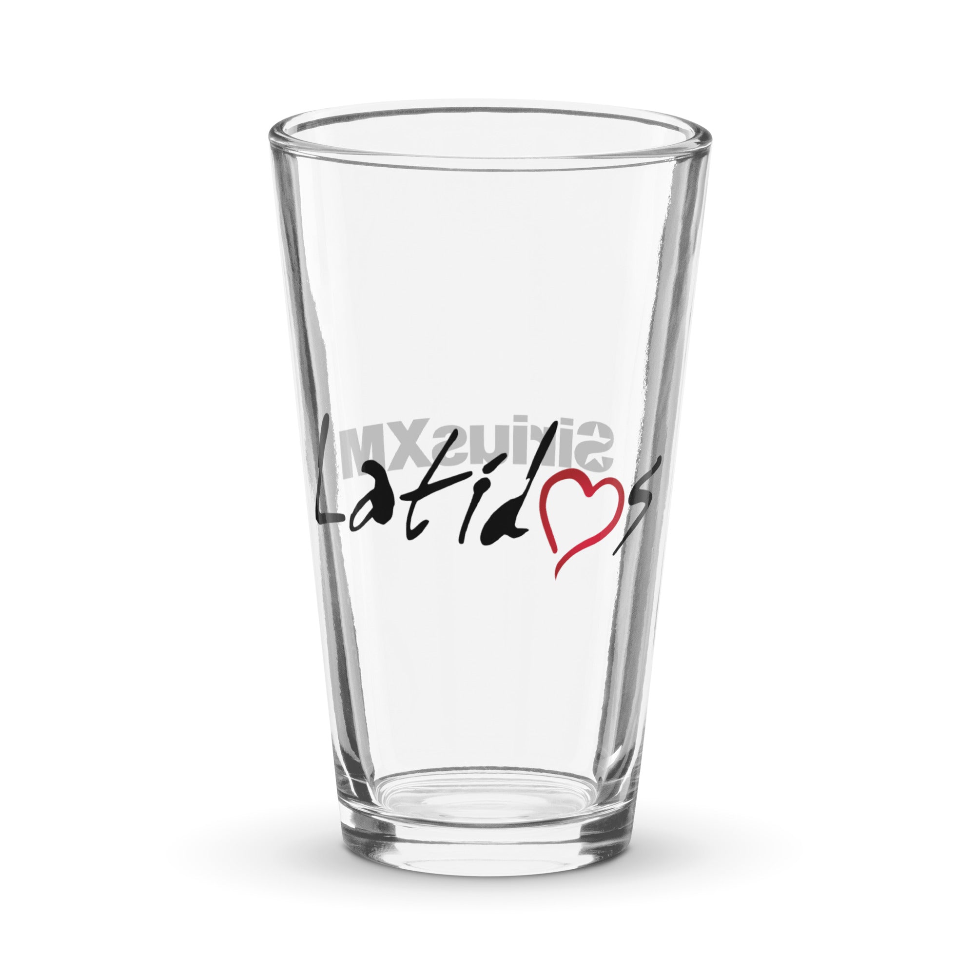 Clear pint glass tumbler with 'Latidos' text and a heart design in red.