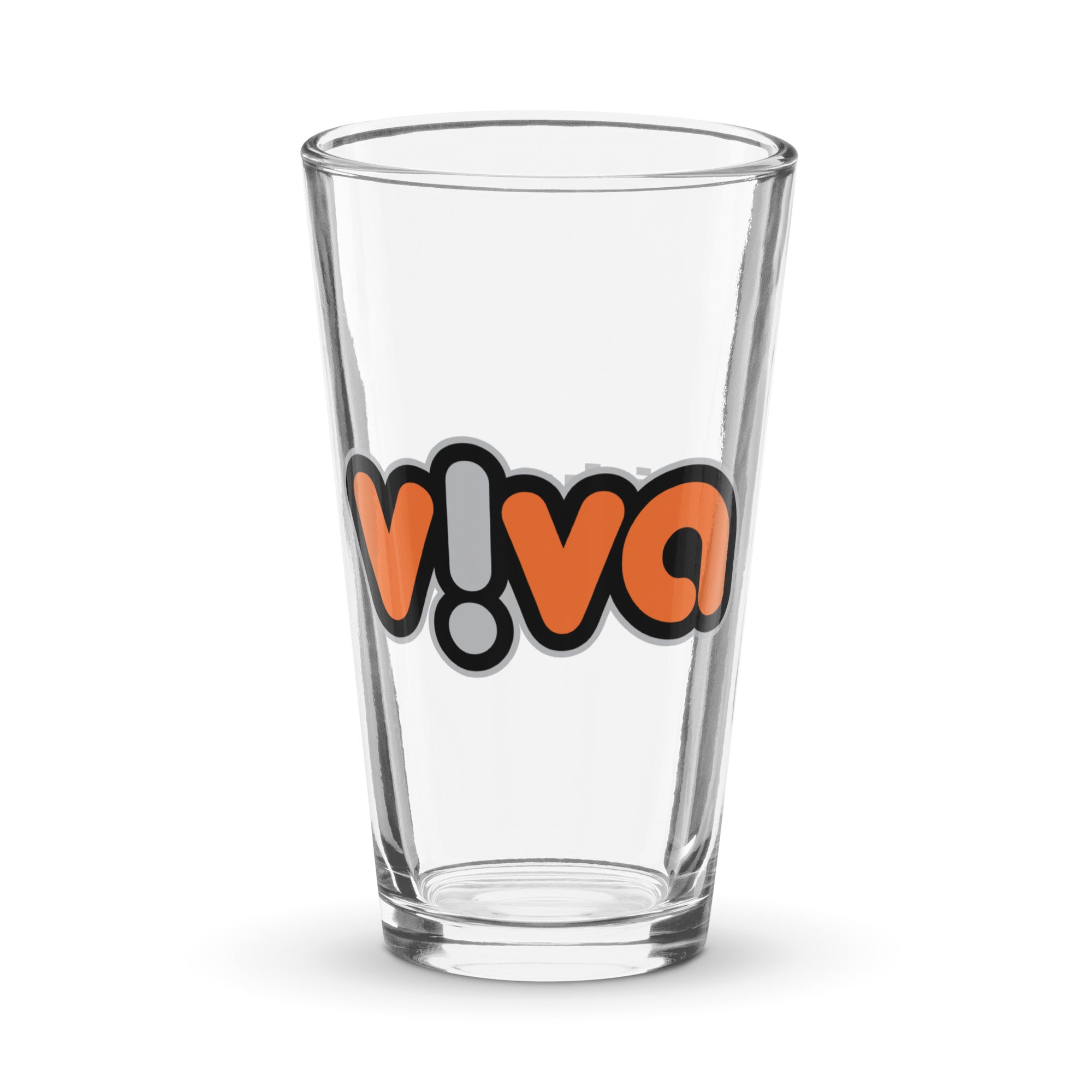 Clear pint glass with 'v!va' logo in orange and black.