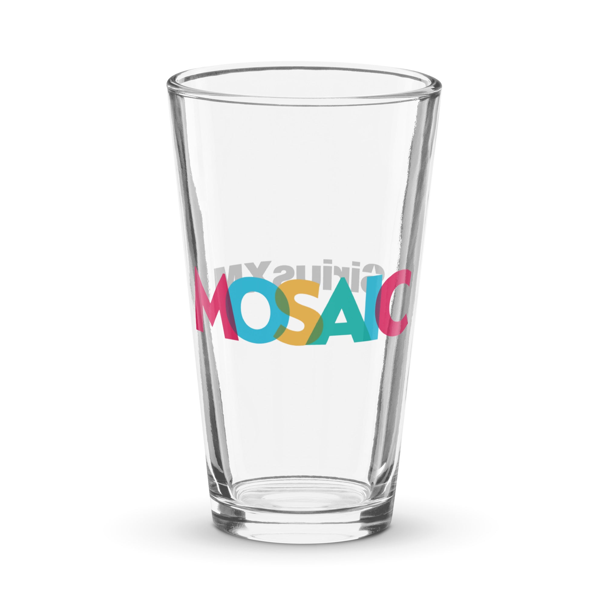 Clear pint glass with colorful 'MOSAIC' text design.