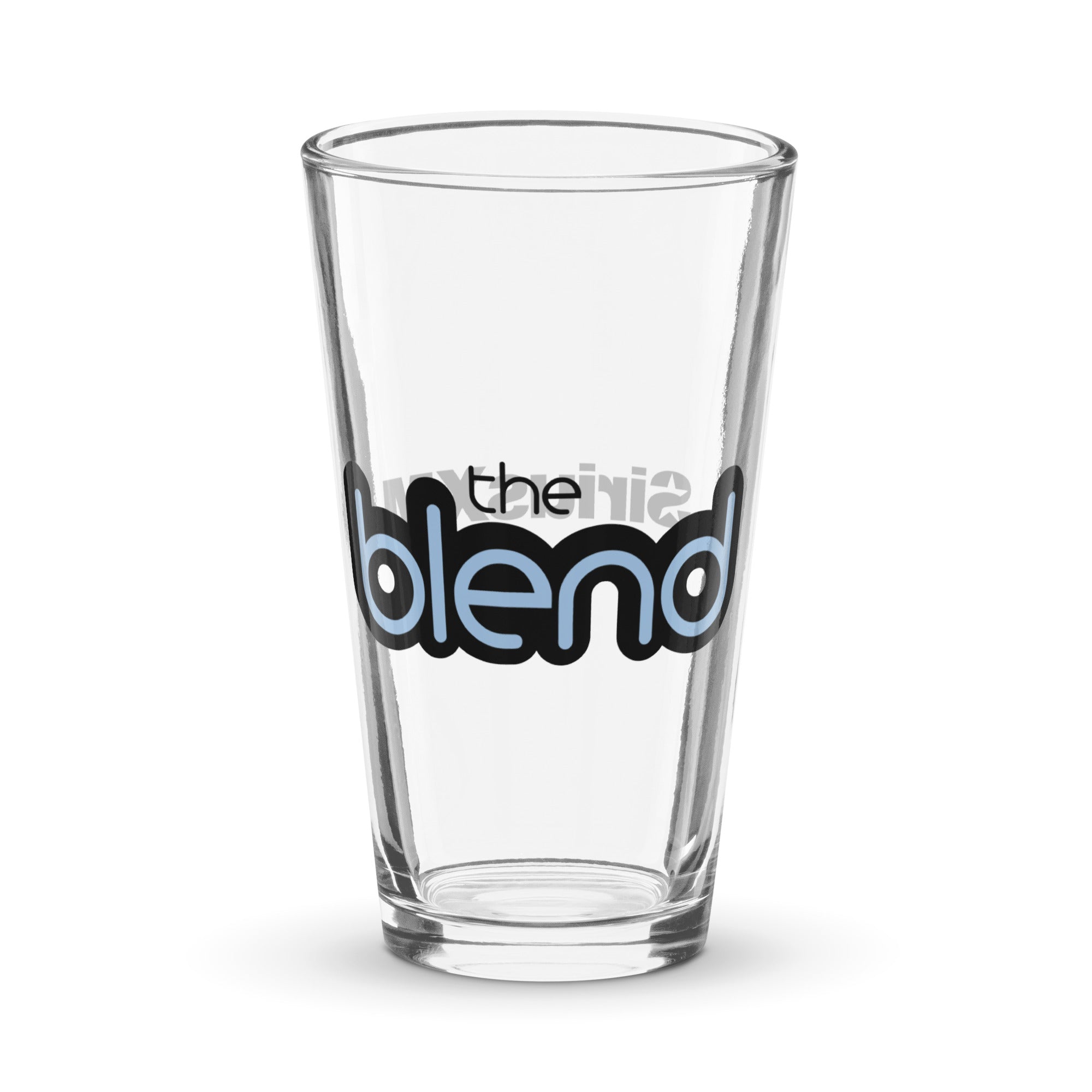 Clear glass cup featuring the phrase 'the blend' in a playful blue font outlined in black.