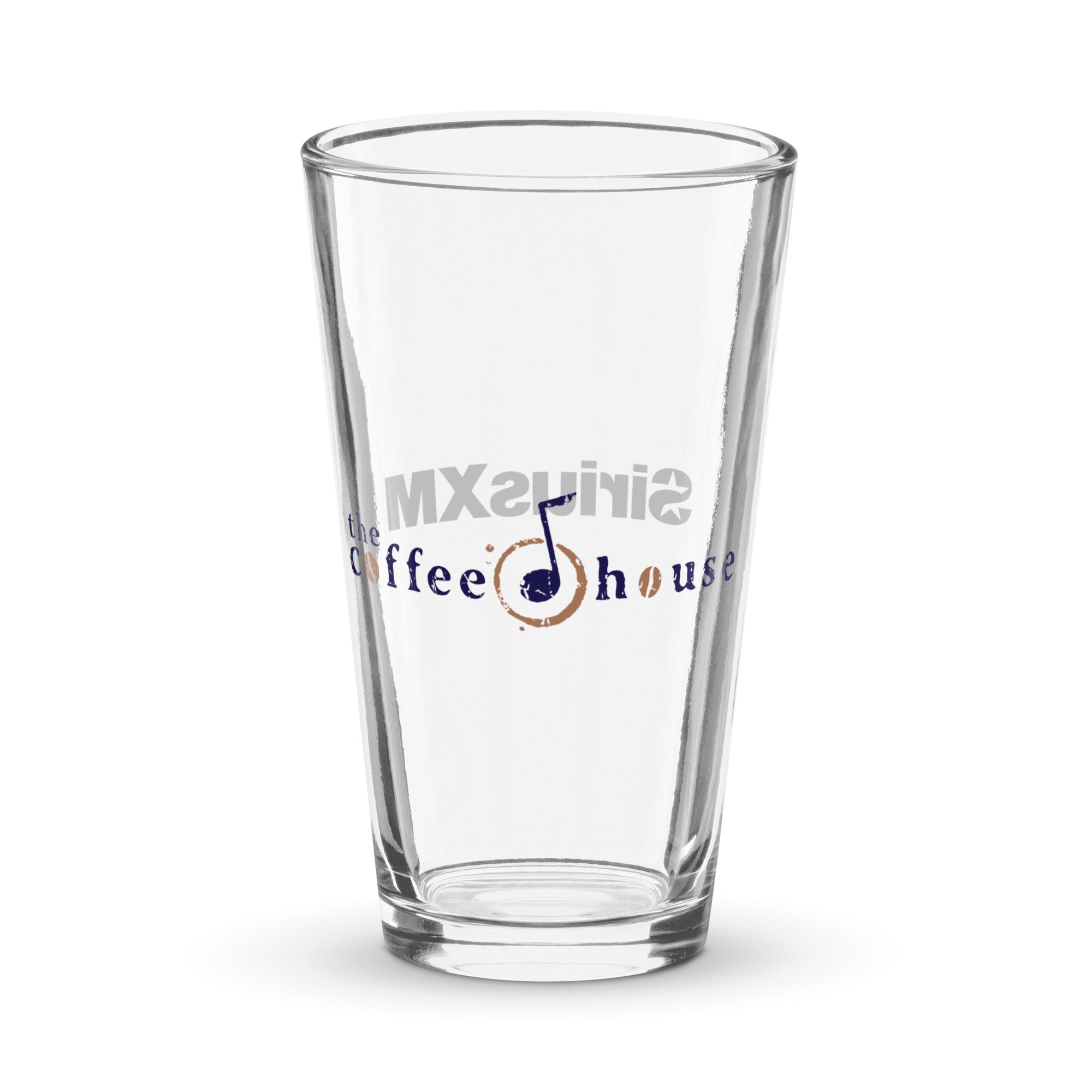 Clear glass cup with 'the coffee house' logo and a musical note design.