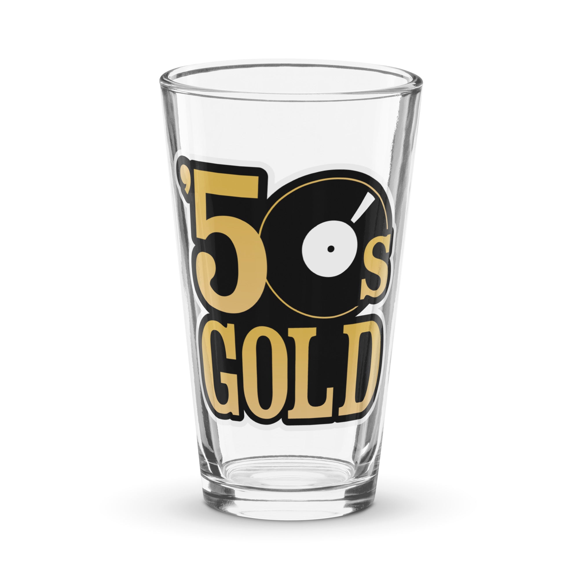 Clear glass with '50s GOLD' print, featuring a vinyl record design in black and gold.