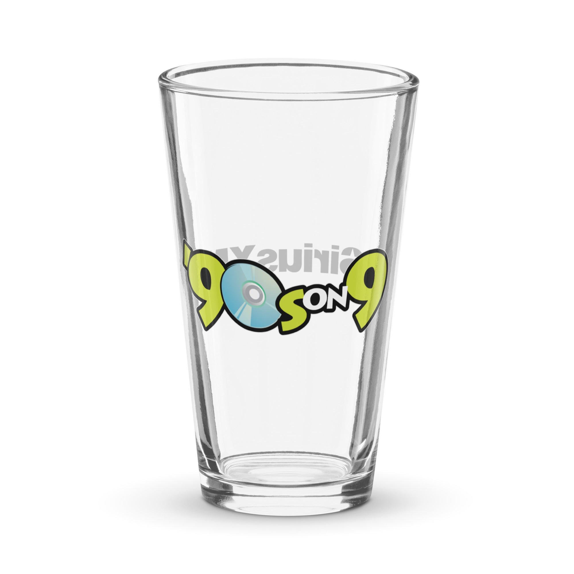 Clear glass pint with the text '90s on 9' and a CD graphic in neon green and blue, reflecting a nostalgic theme.