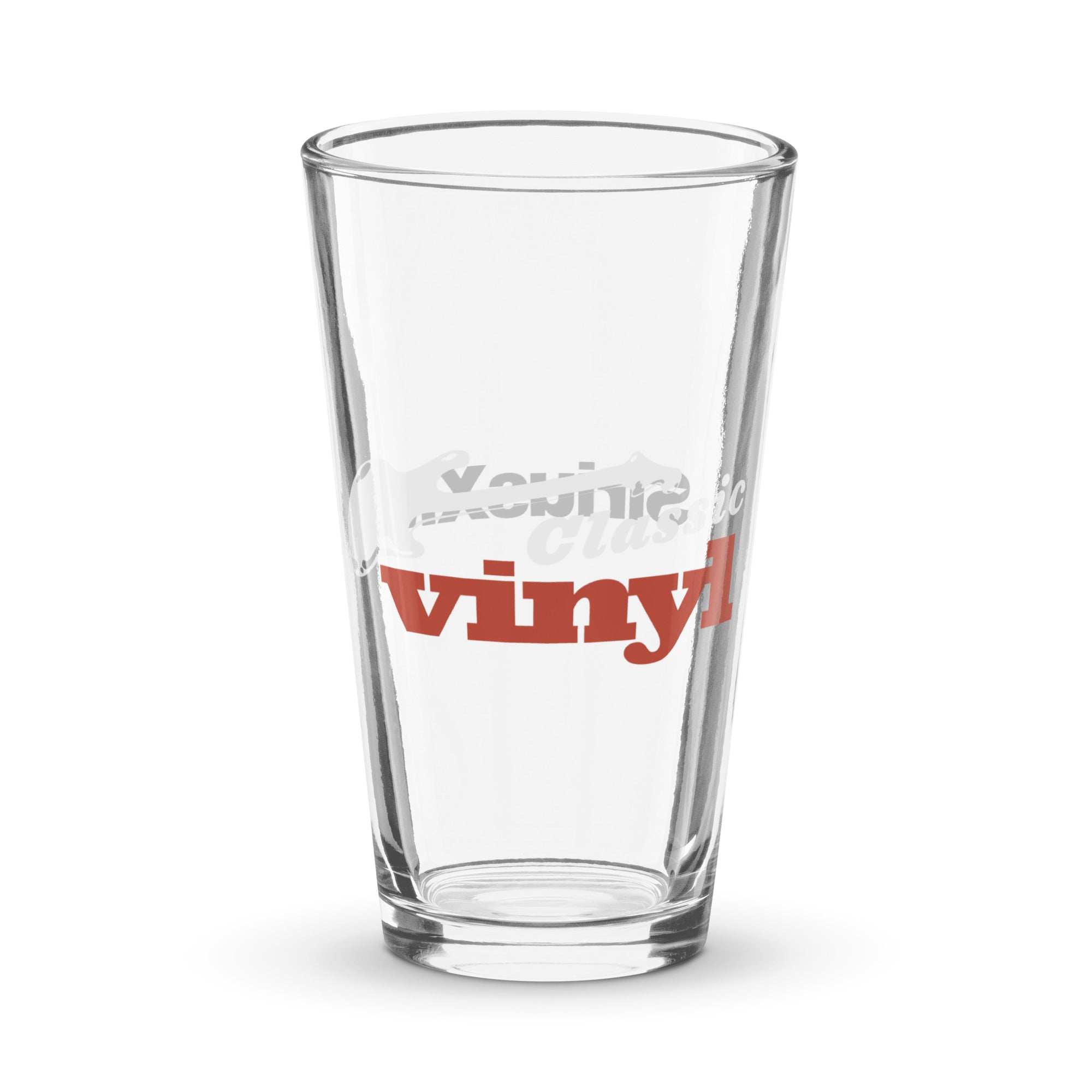 Clear glass pint with 'vinyl' printed in red and 'classic' in white above it.