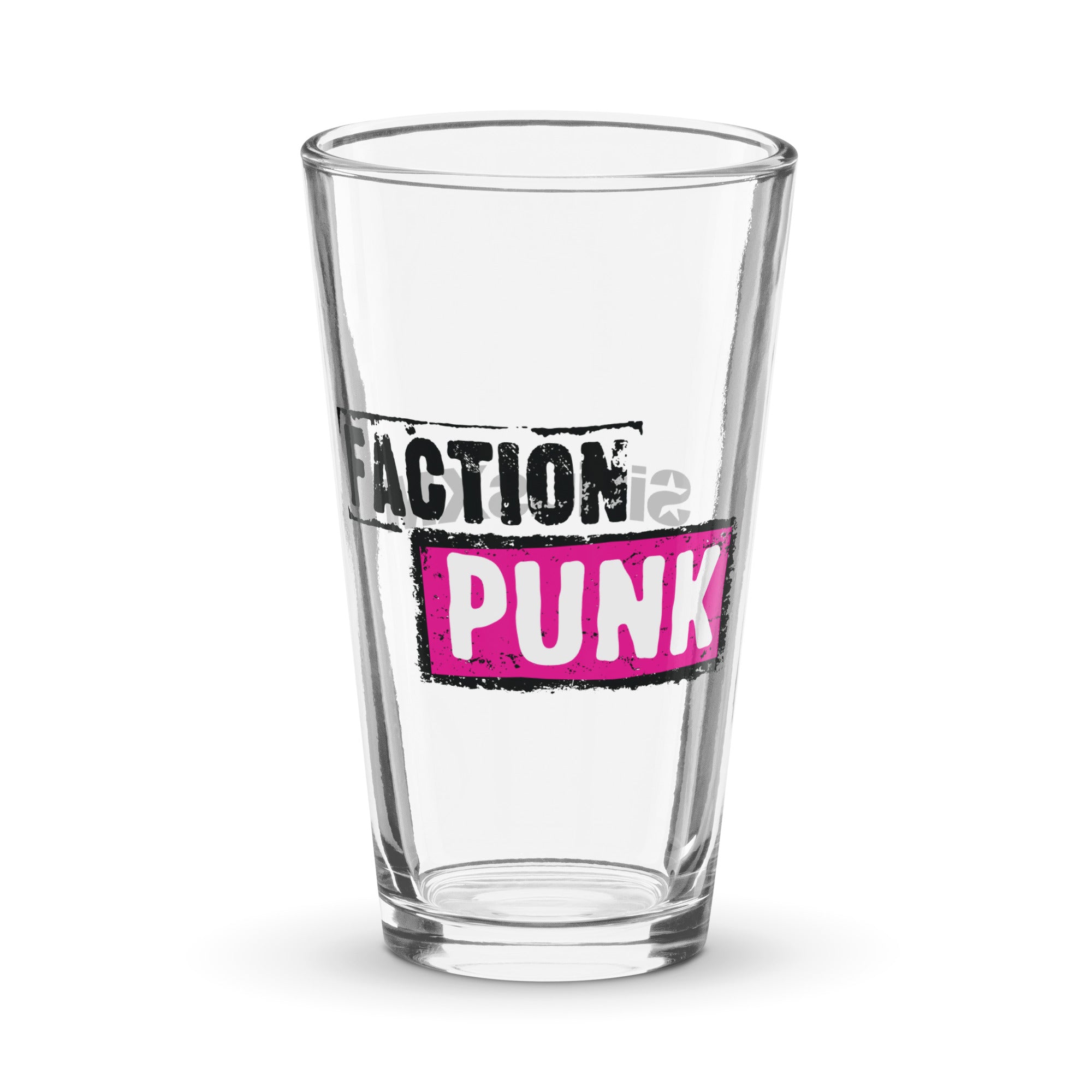 Clear glass tumbler featuring the text 'FACTION is PUNK' in black and pink colors.