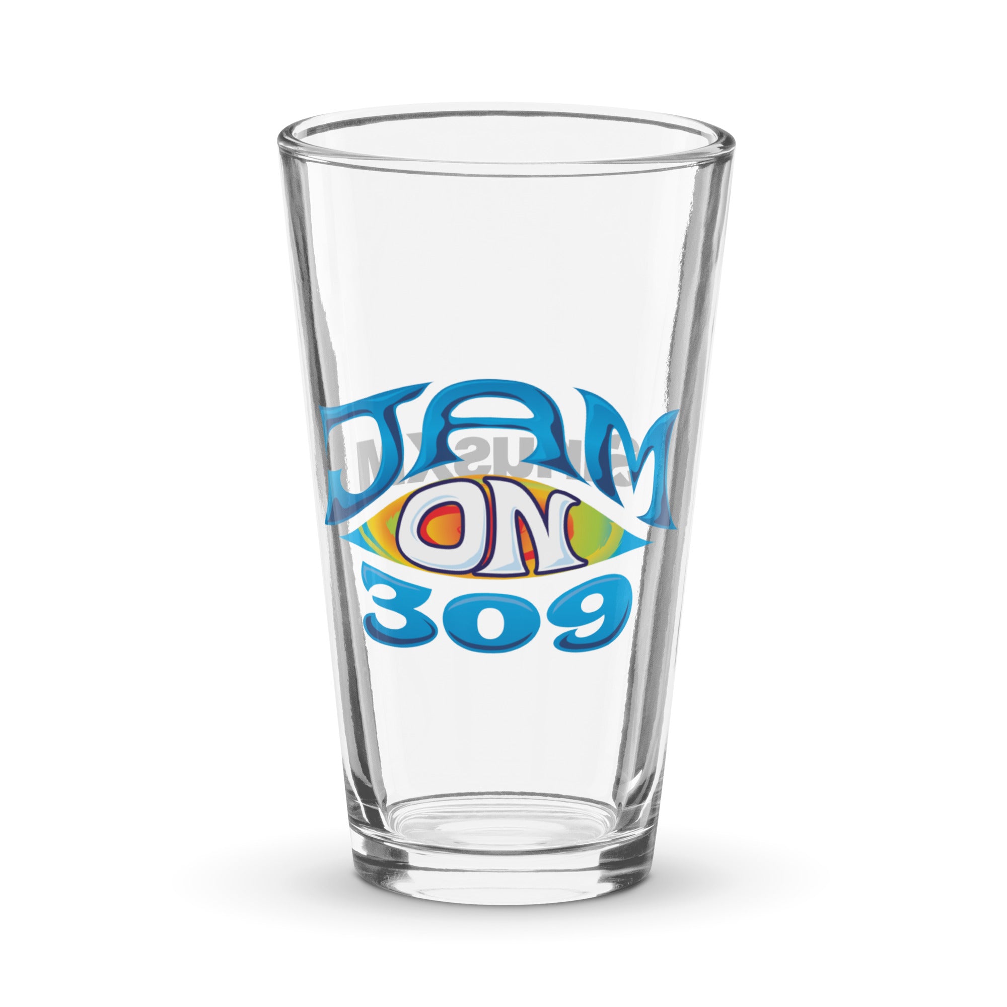 Clear glass with 'JAM ON 309' design in blue and colorful accents.