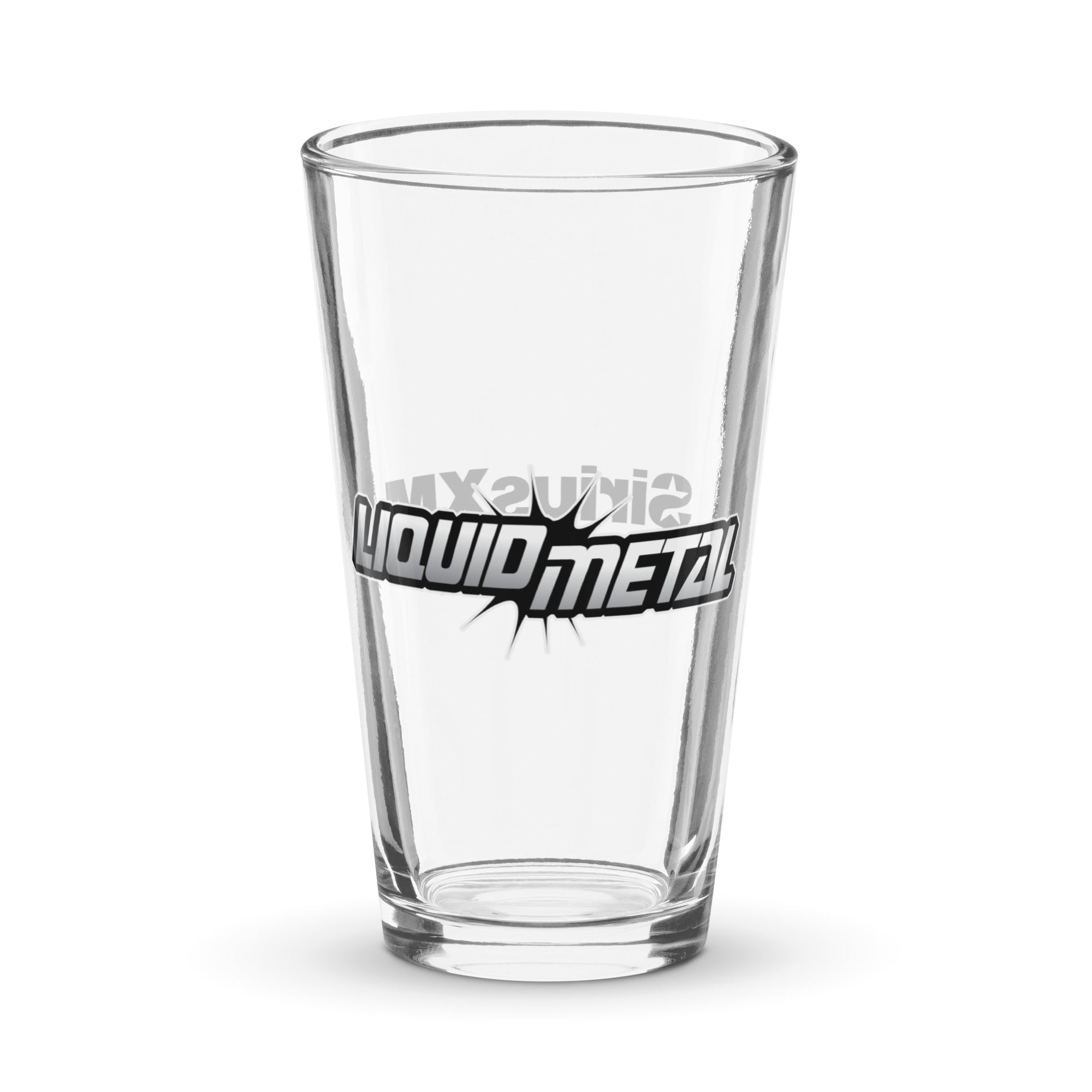 Clear glass pint with 'LIQUID METAL' logo prominently displayed in black and white.