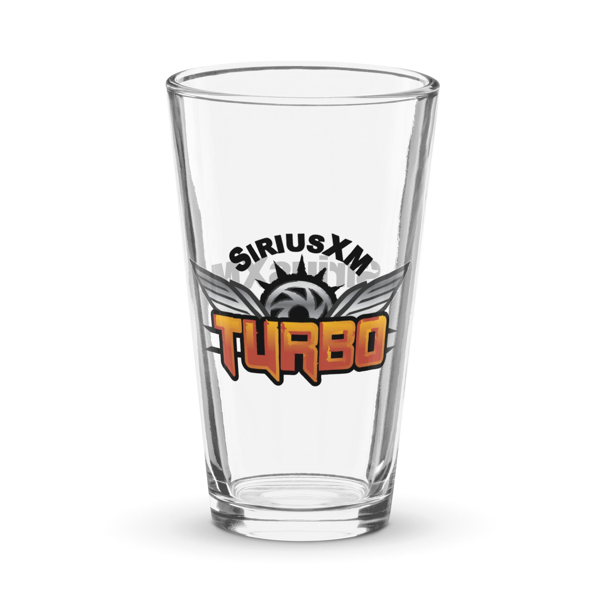 Clear glass pint with 'SIRIUSXM TURBO' logo featuring wings and a sun design in black, orange and grey.