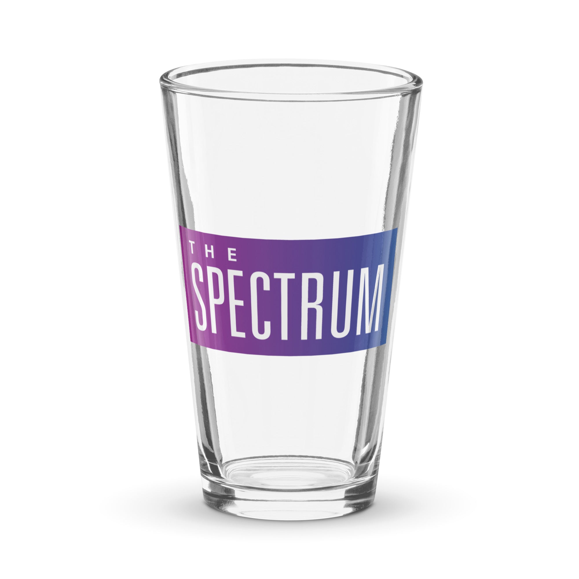 Clear pint glass with 'THE SPECTRUM' logo in purple and blue gradient.