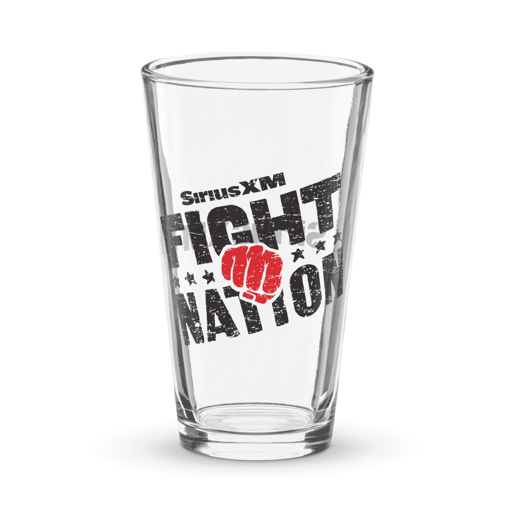 Clear glass with 'SiriusXM FIGHT NATION' text and a red fist graphic.