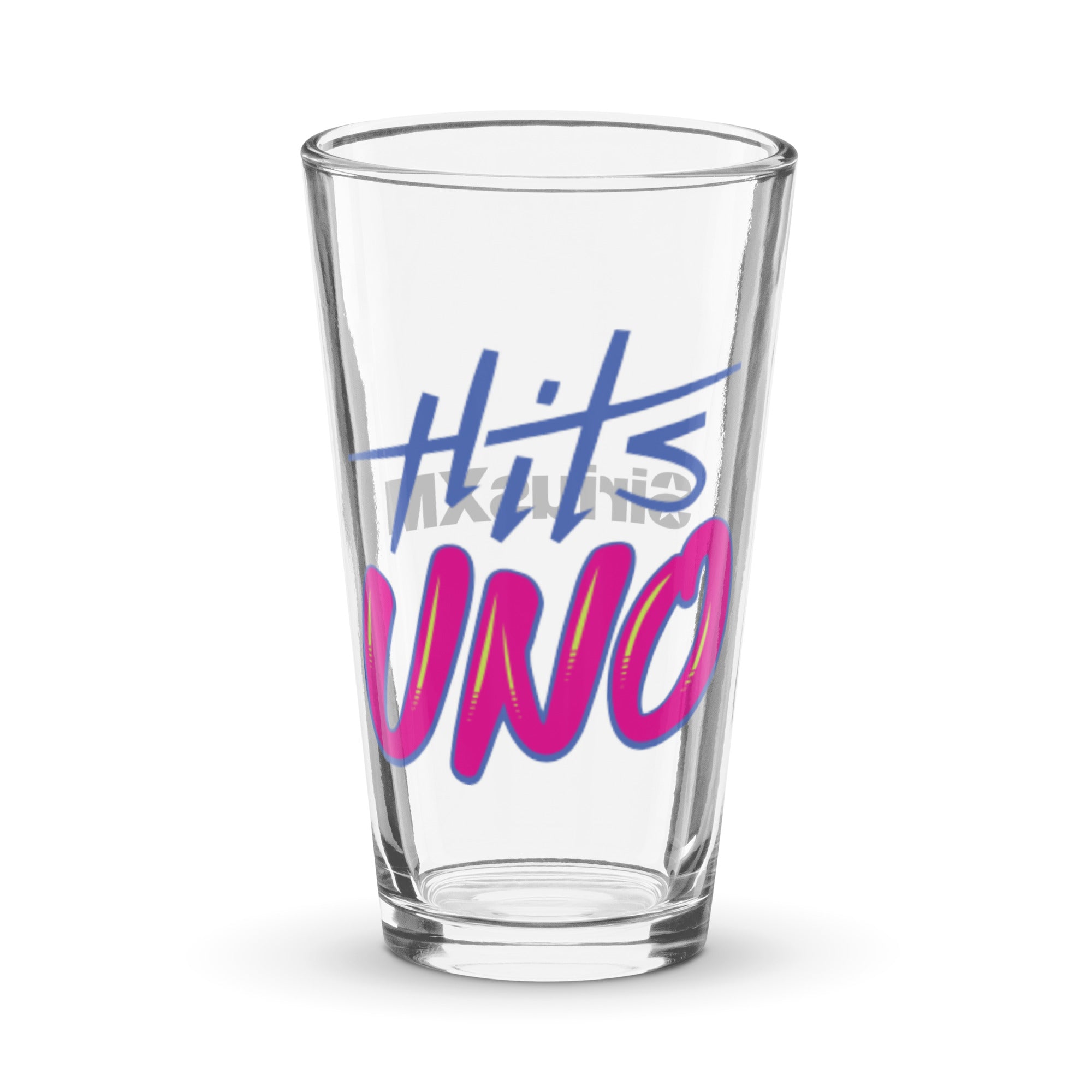 A clear drinking glass featuring colorful blue and pink 'Hits UNO' text design.