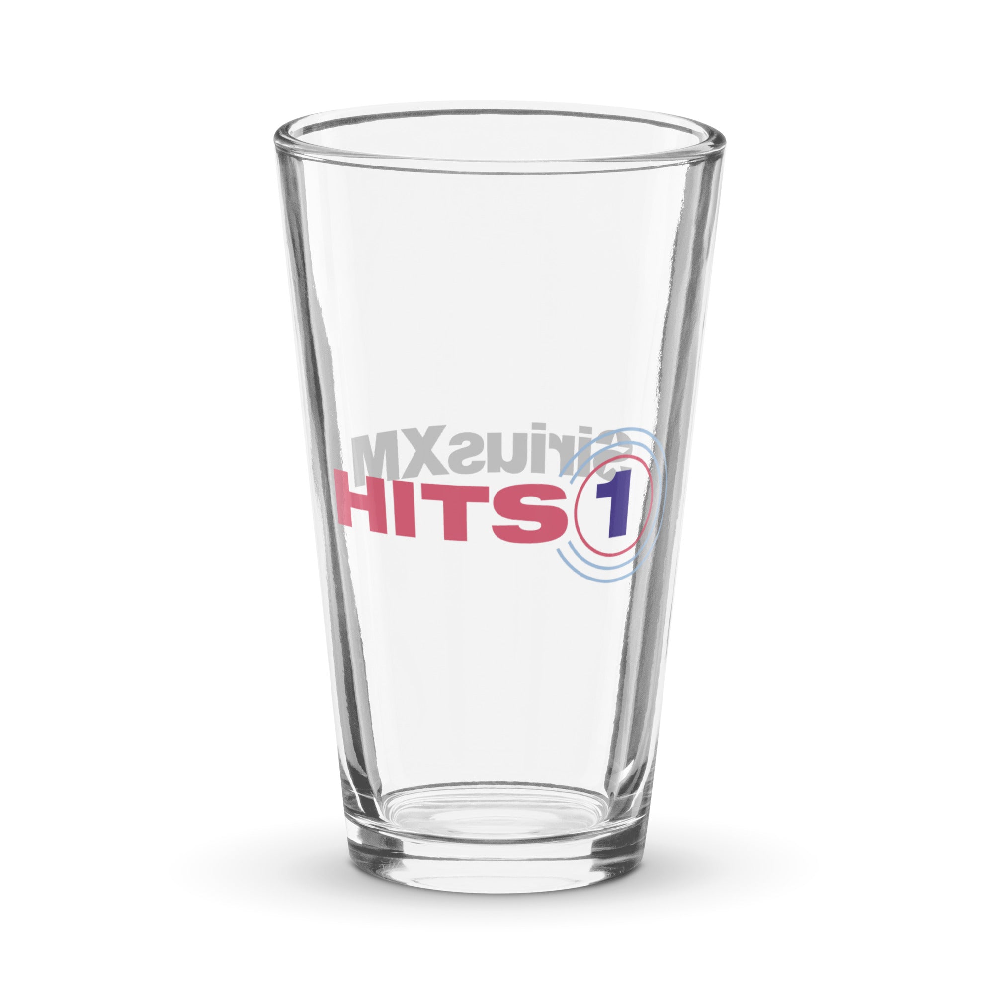 Pint glass with 'Hits 1' logo in Pink, and blue.