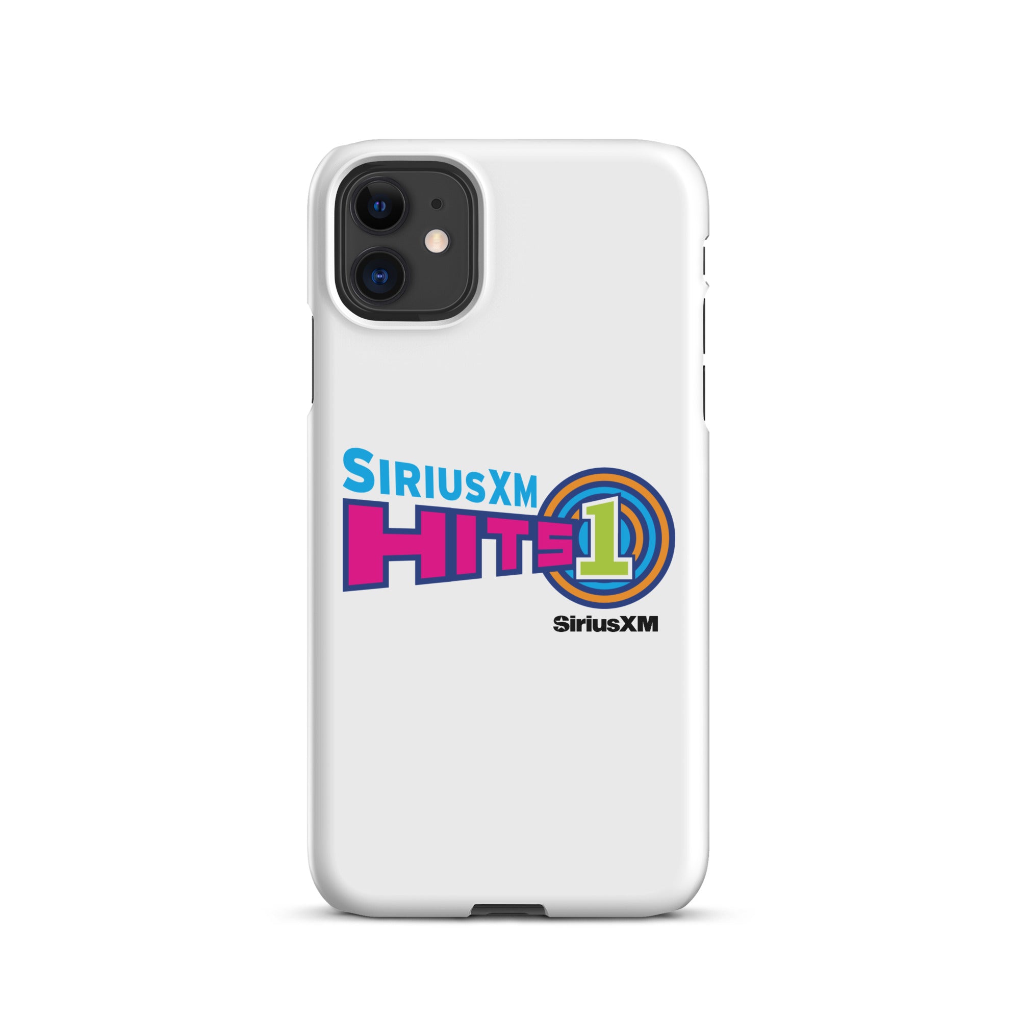 White phone case featuring the 'SiriusXM Hits 1' logo in vibrant colors and 'SiriusXM' branding underneath.