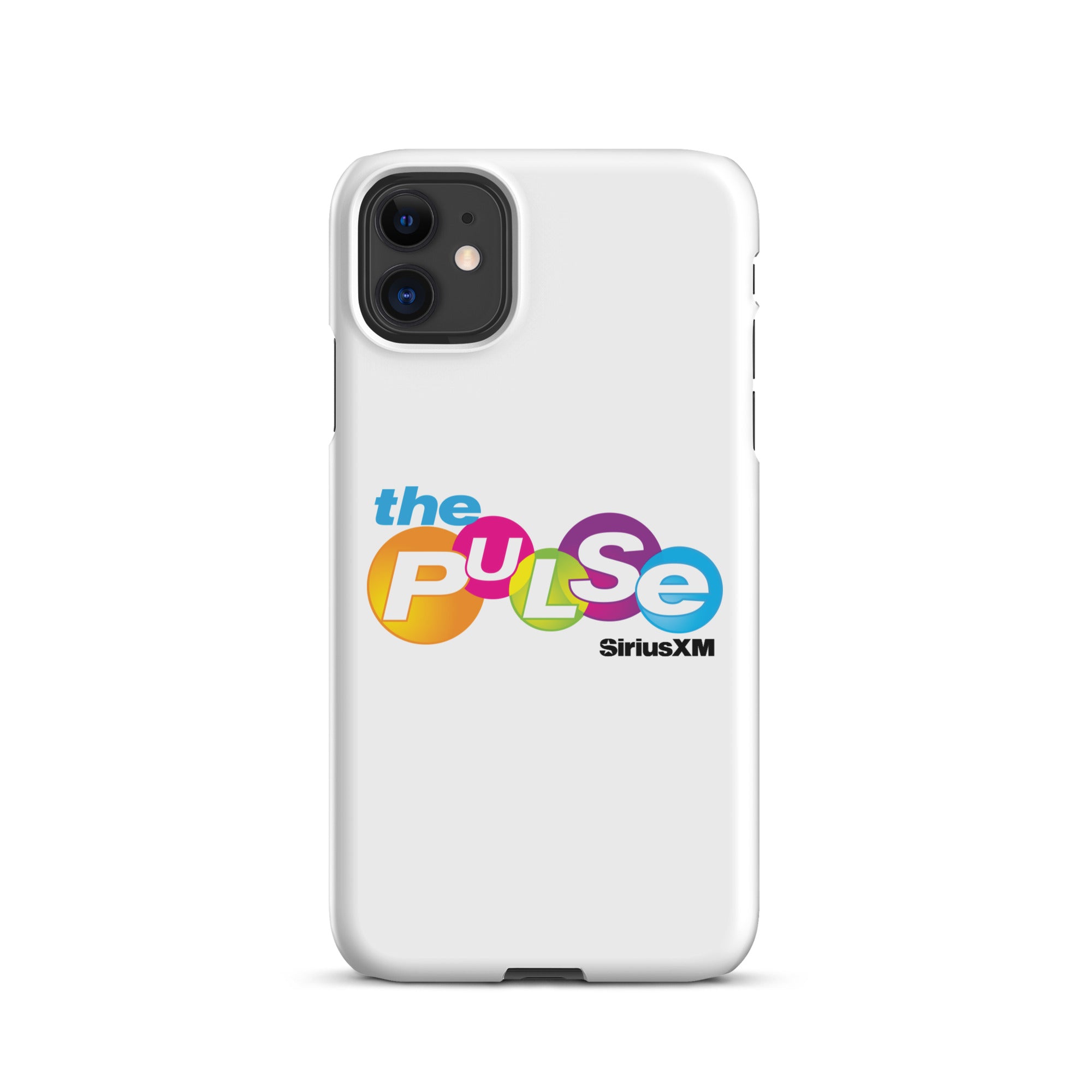 A white phone case featuring 'the PULSE' logo with vibrant colors and 'SiriusXM' branding.