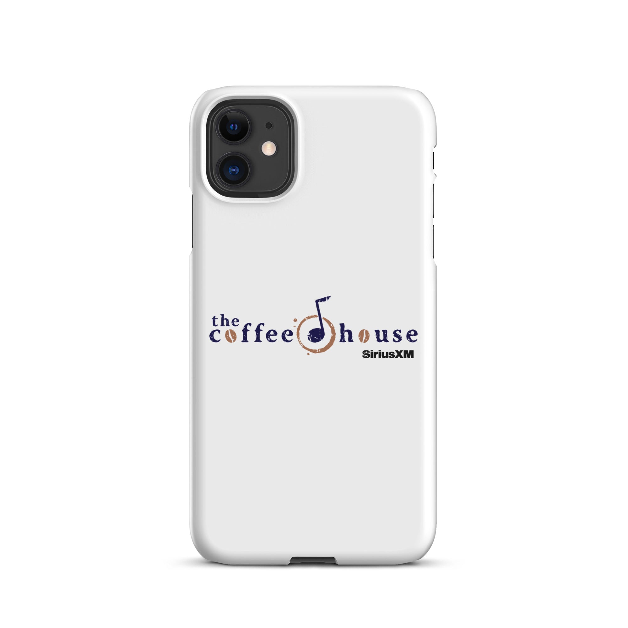 White phone case featuring 'the coffee house' logo with a musical note and 'SiriusXM' branding.
