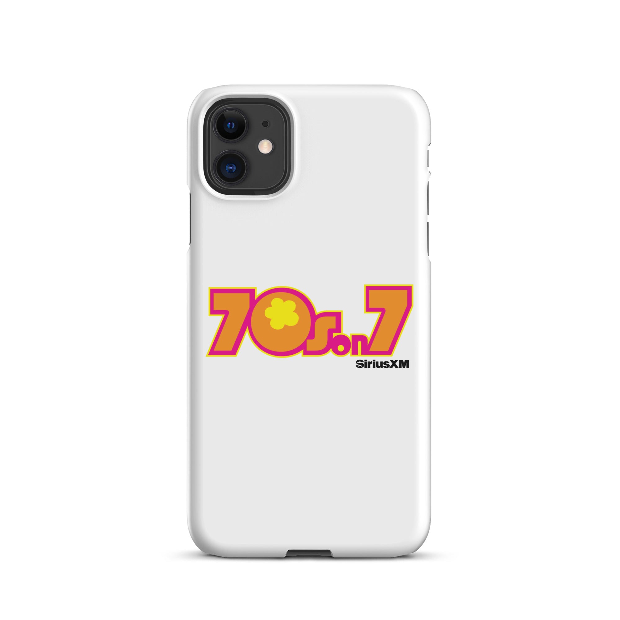 A white phone case featuring a colorful '70s on 7' logo with a flower and the 'SiriusXM' branding.