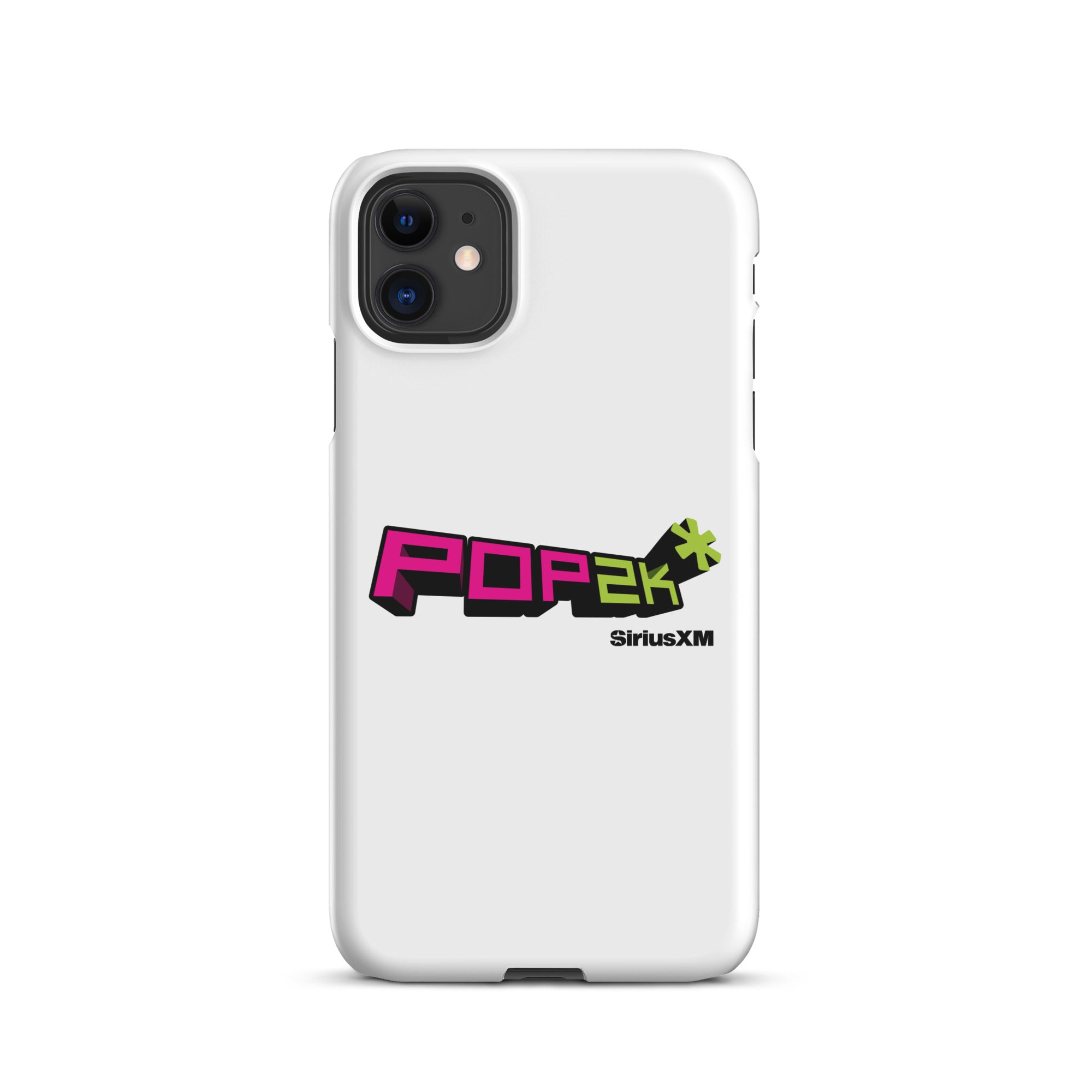 White phone case featuring the 'POP2K' logo in vibrant pink and green colors with 'SiriusXM' branding.