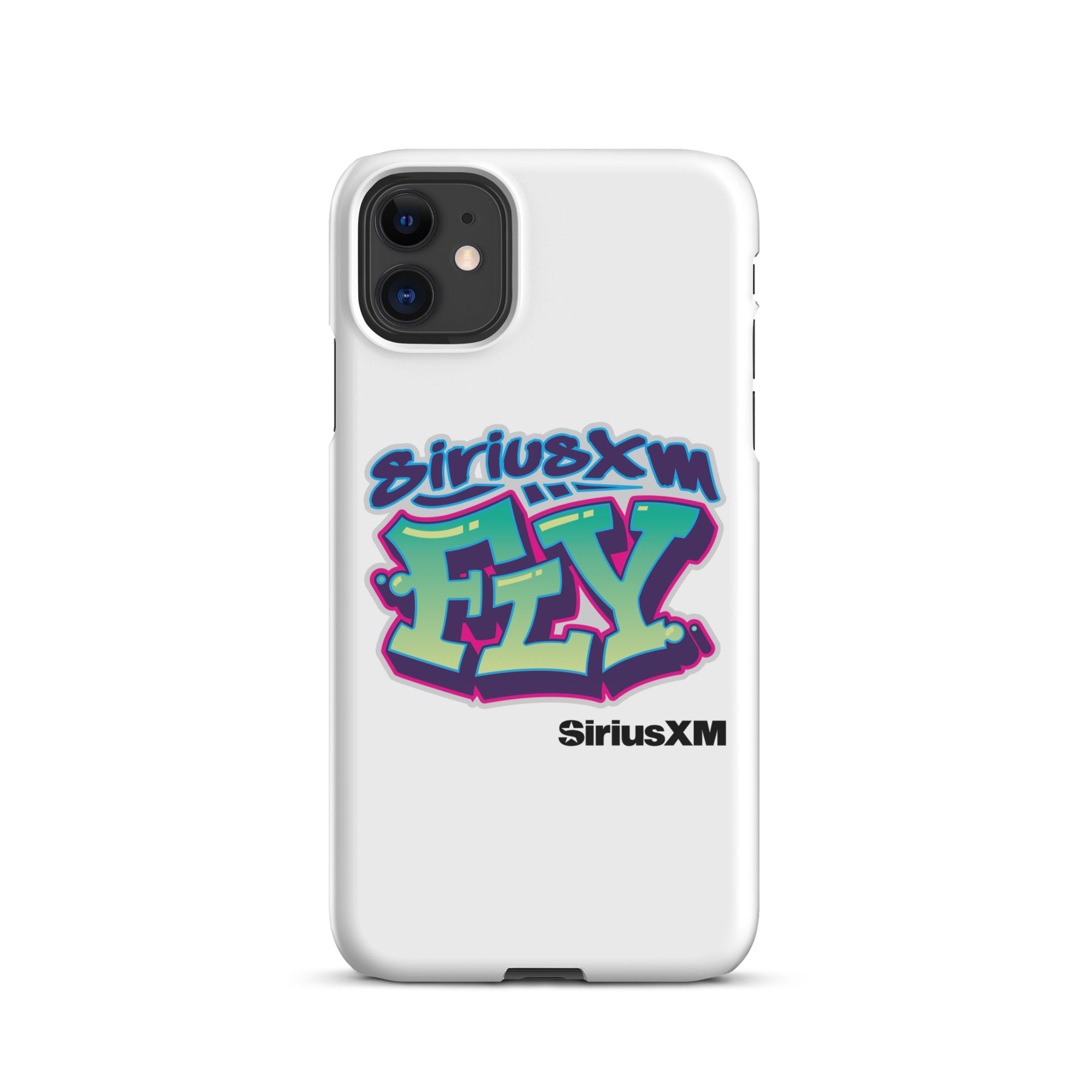 White phone case featuring colorful graffiti-style text: 'SiriusXM FLY' with 'SiriusXM' branding below.