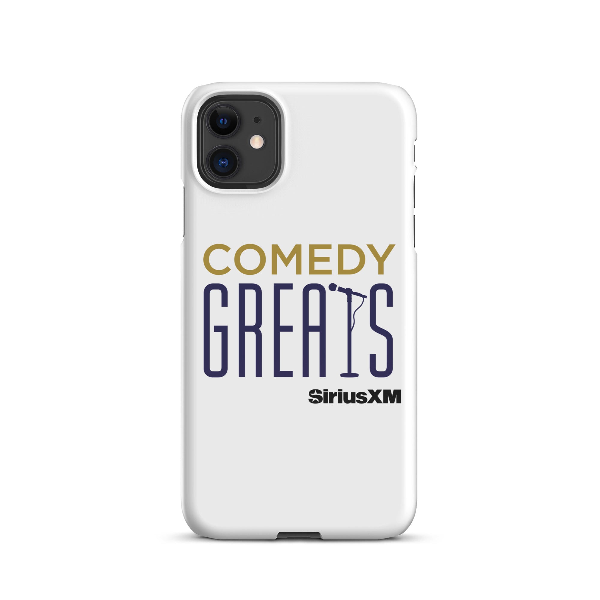 White phone case featuring the text 'COMEDY GREATS' and the 'SiriusXM' logo.